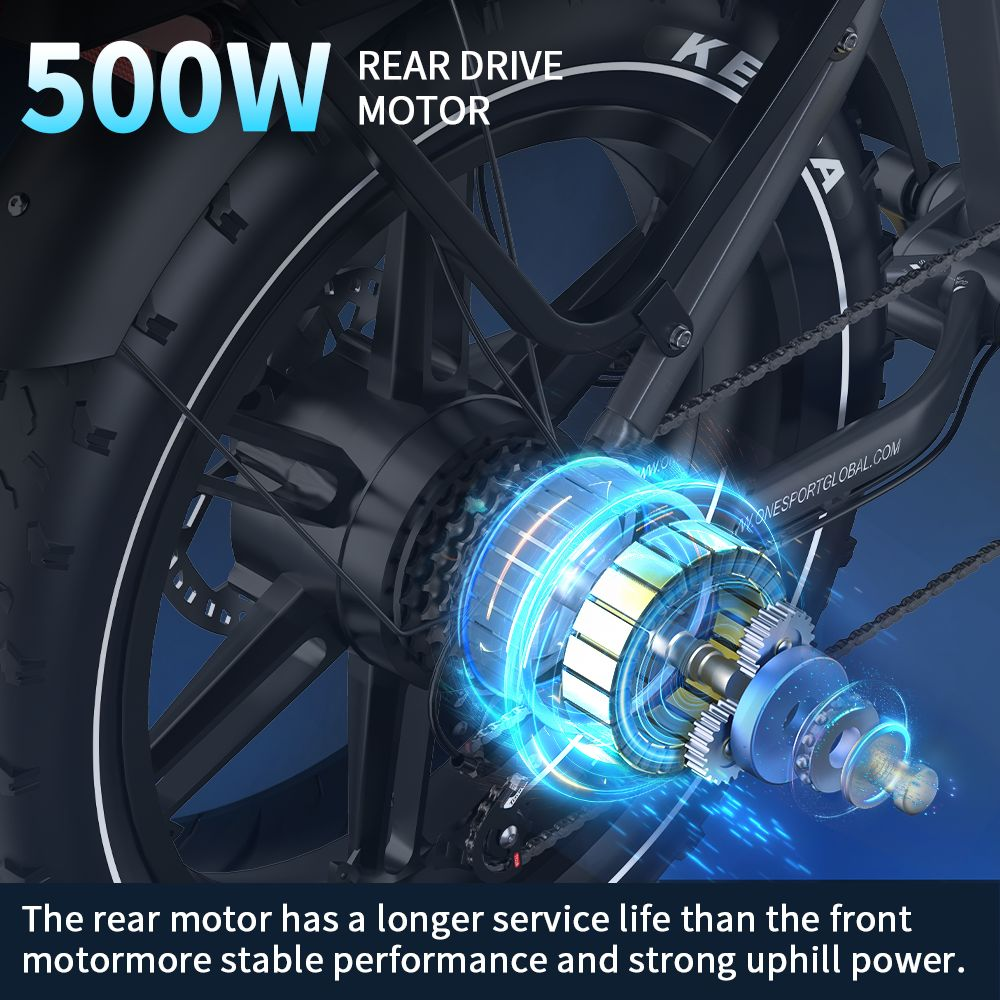 Primer plano de un motor de bicicleta de tracción trasera de 500W con energía azul.