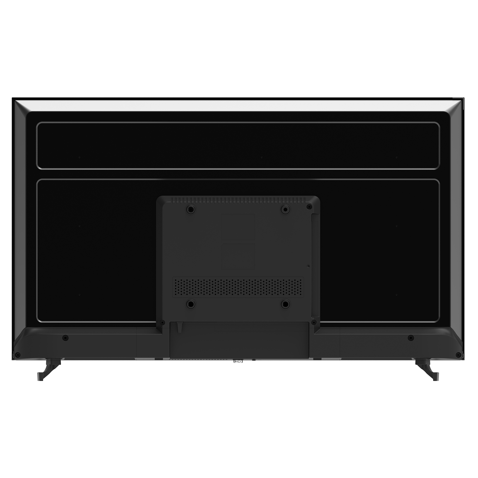 Rückseite eines schwarzen Fernsehers mit Standfüßen und Lüftungsschlitzen.