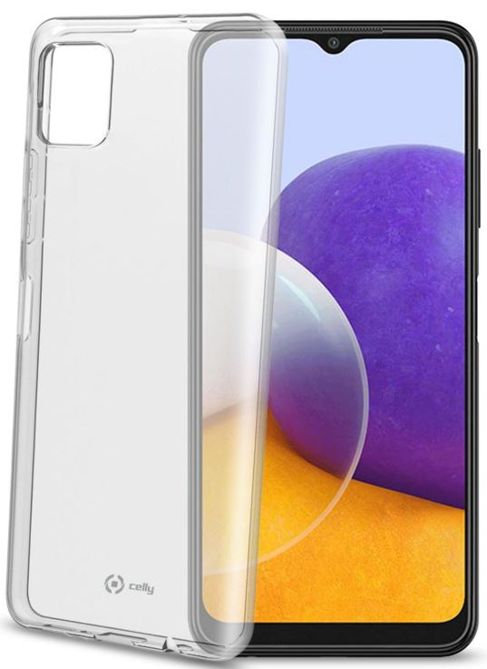 Custodia trasparente per telefono accanto a uno smartphone con sfondo viola e giallo.
