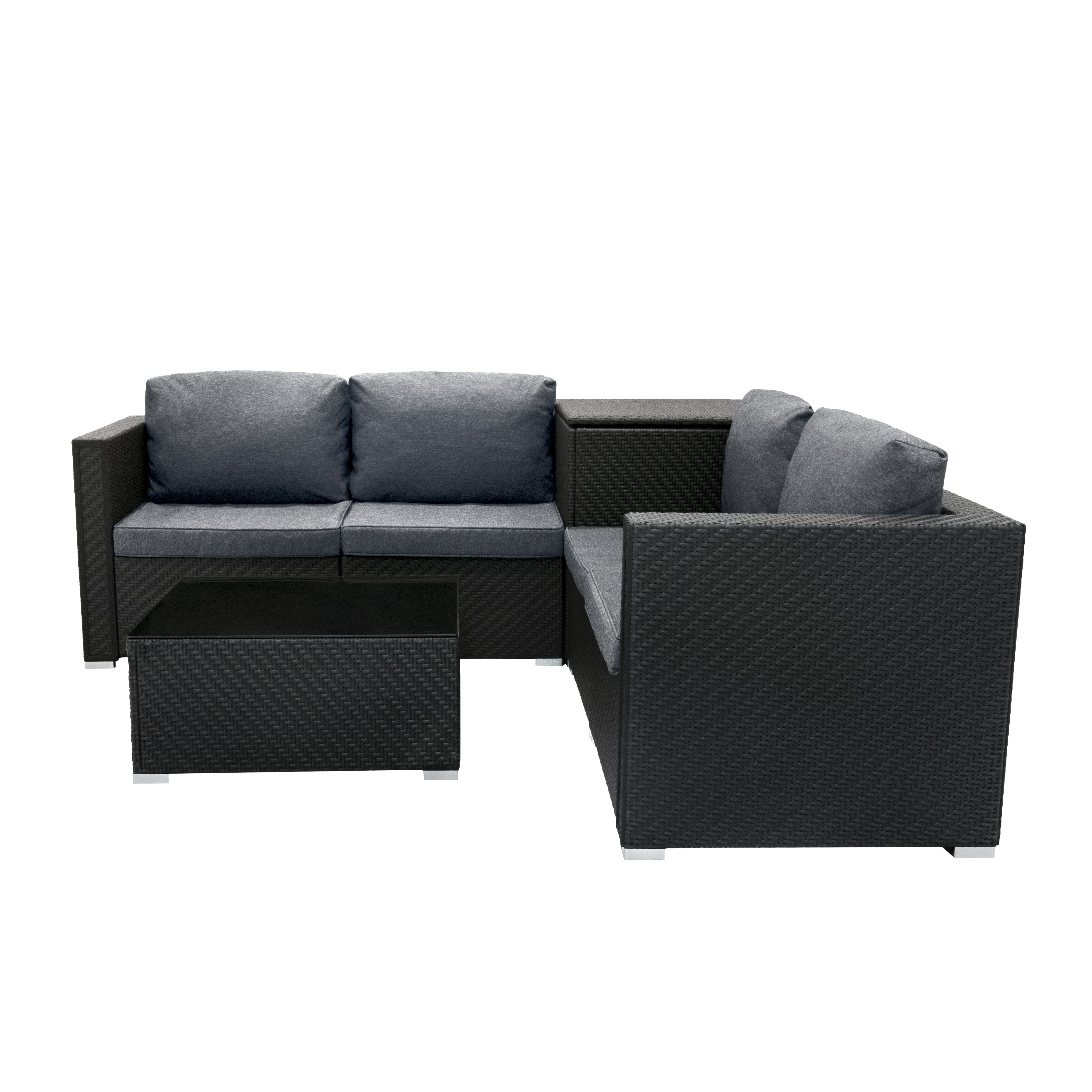 Conjunto de salón de ratán gris oscuro con mesa de centro.