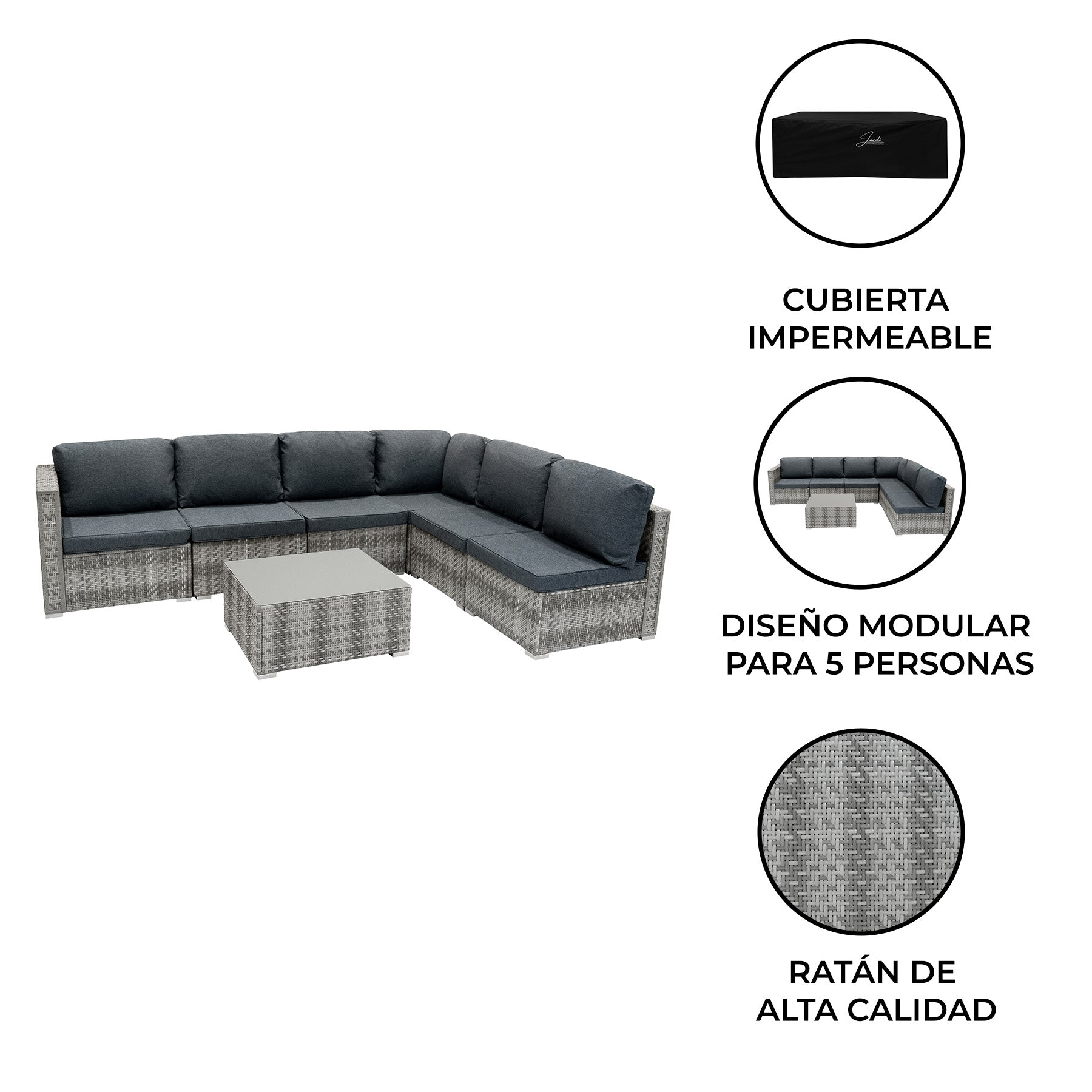 Sofá de ratán gris con cojines y mesa de centro. Incluye funda.