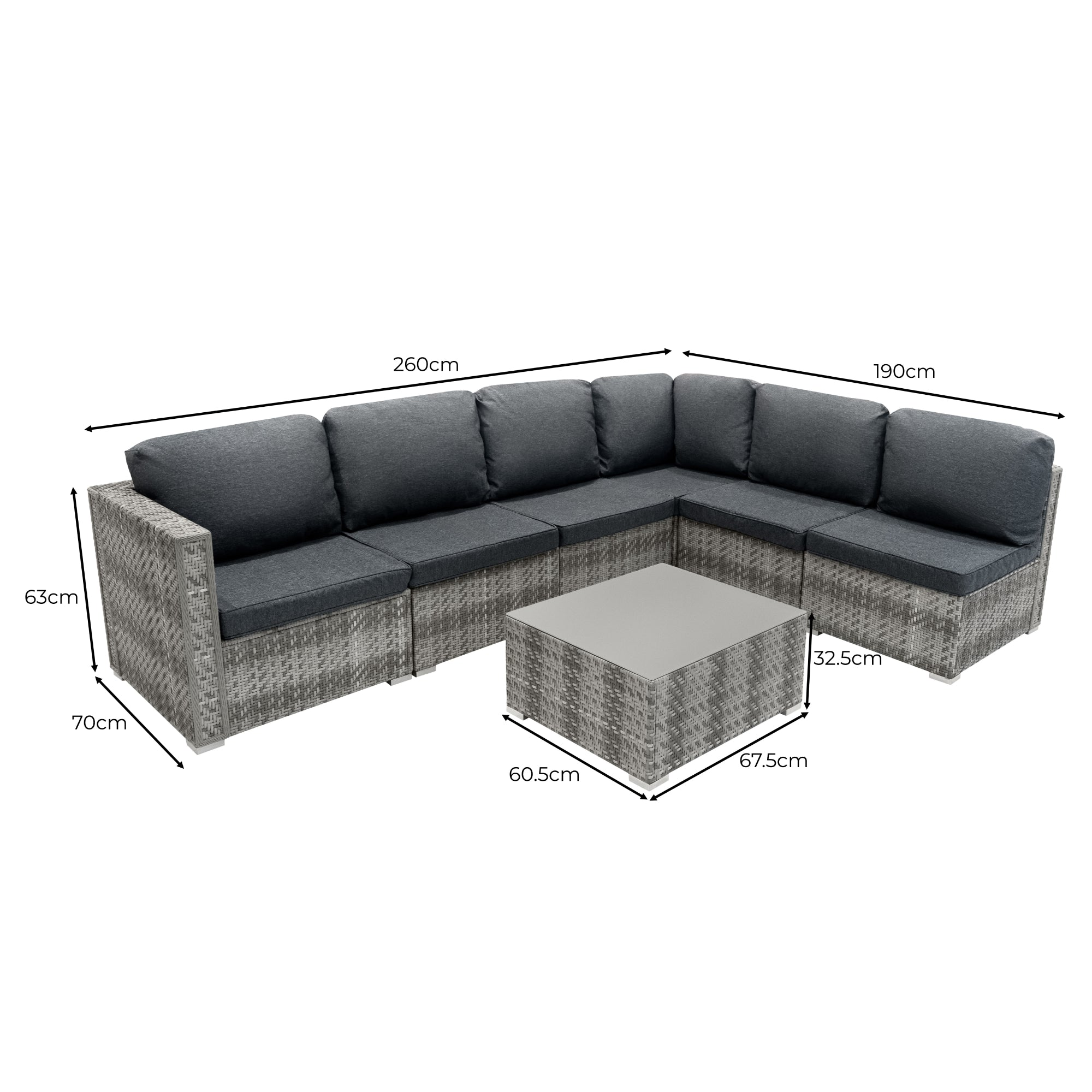 Sofá de esquina de ratán gris con mesa de centro. Se muestran las dimensiones.