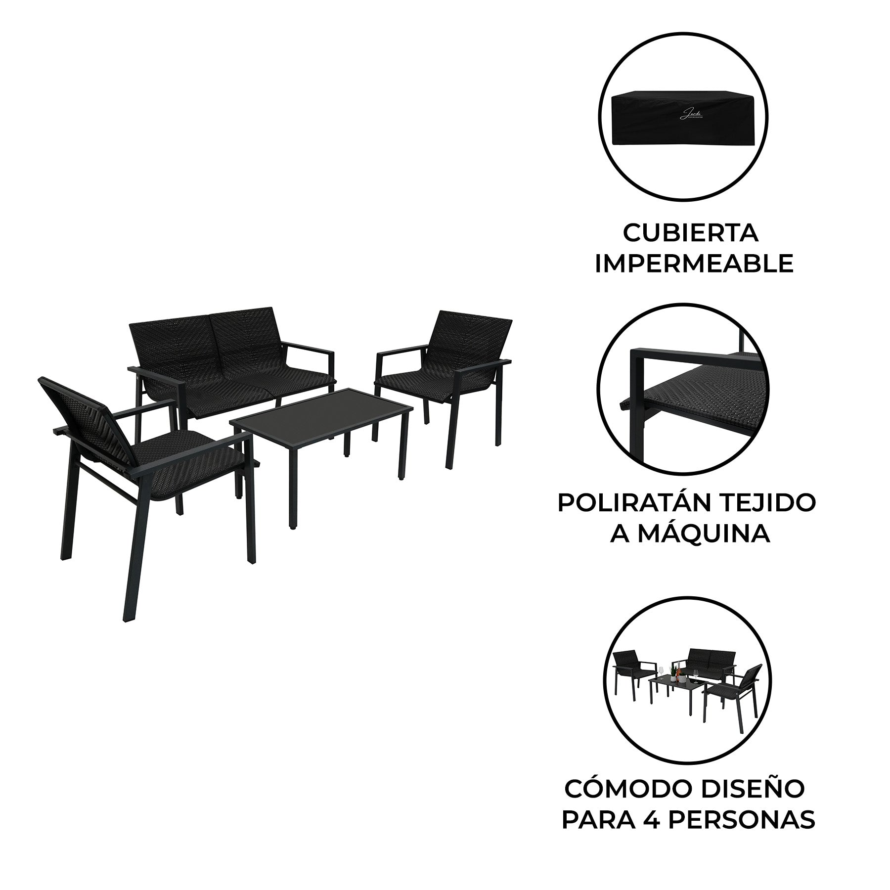 Set de muebles de poliratán negro para 4 personas con mesa, sofá y dos sillas.