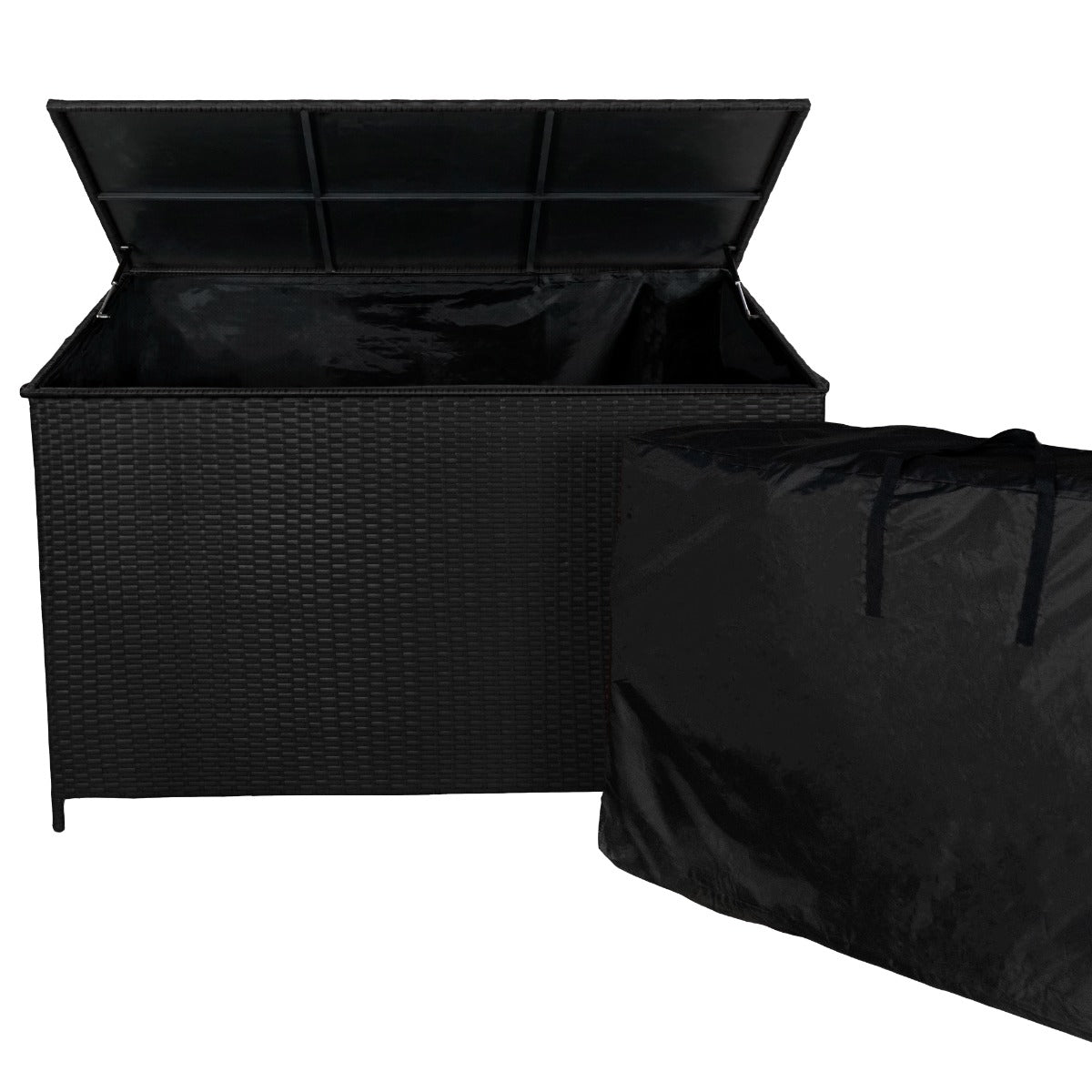 Una caja de almacenamiento de ratán negra con la tapa abierta, junto a una cubierta protectora negra.
