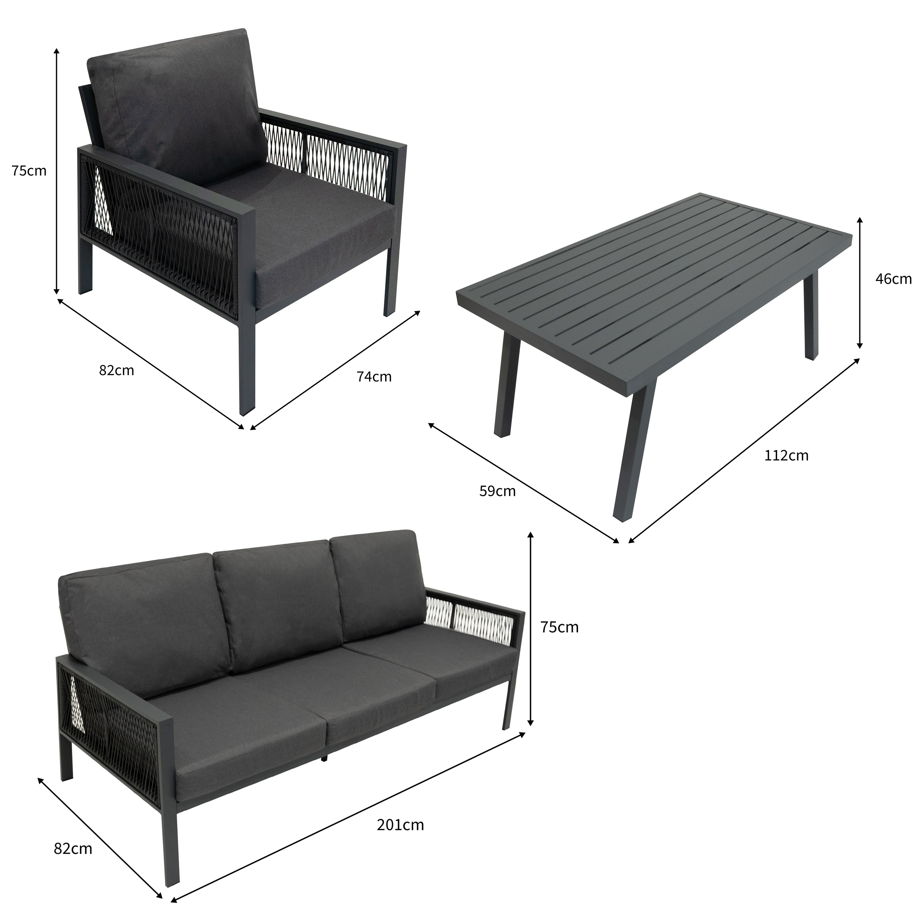 Conjunto de muebles de jardín gris oscuro: sofá de 3 plazas, sillón y mesa.