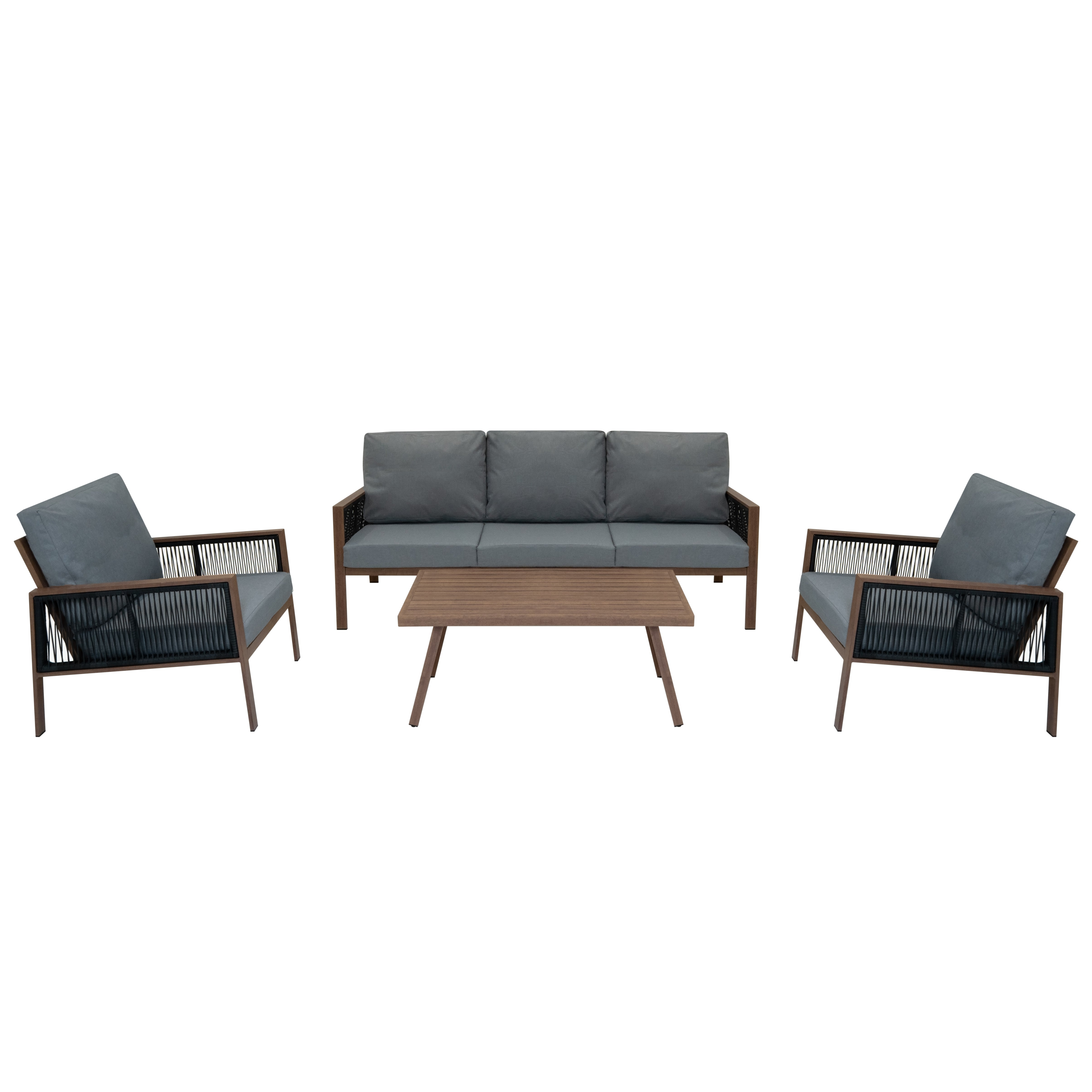 Un sofá y dos sillones con cojines grises y una mesa de madera.