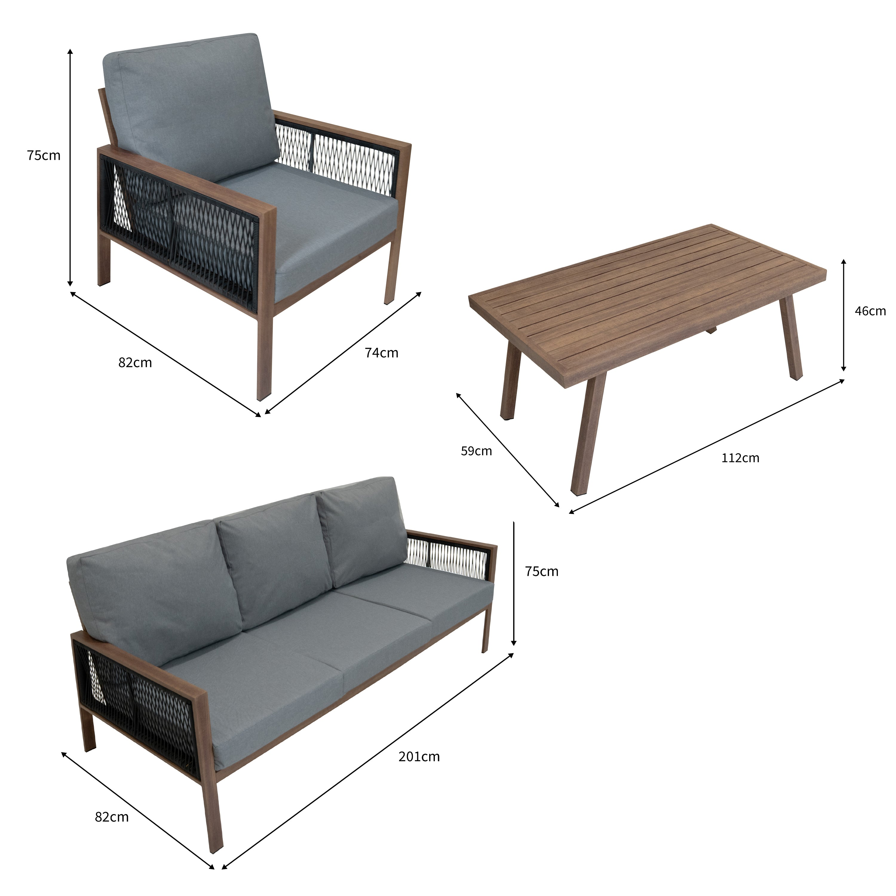 Un sofá y sillón grises con detalles en madera y mesa.