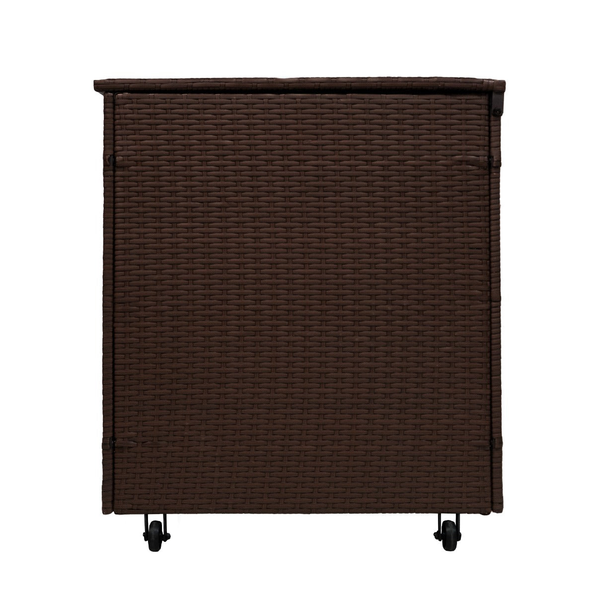 Caja de almacenamiento tejida marrón con ruedas, vista de frente.