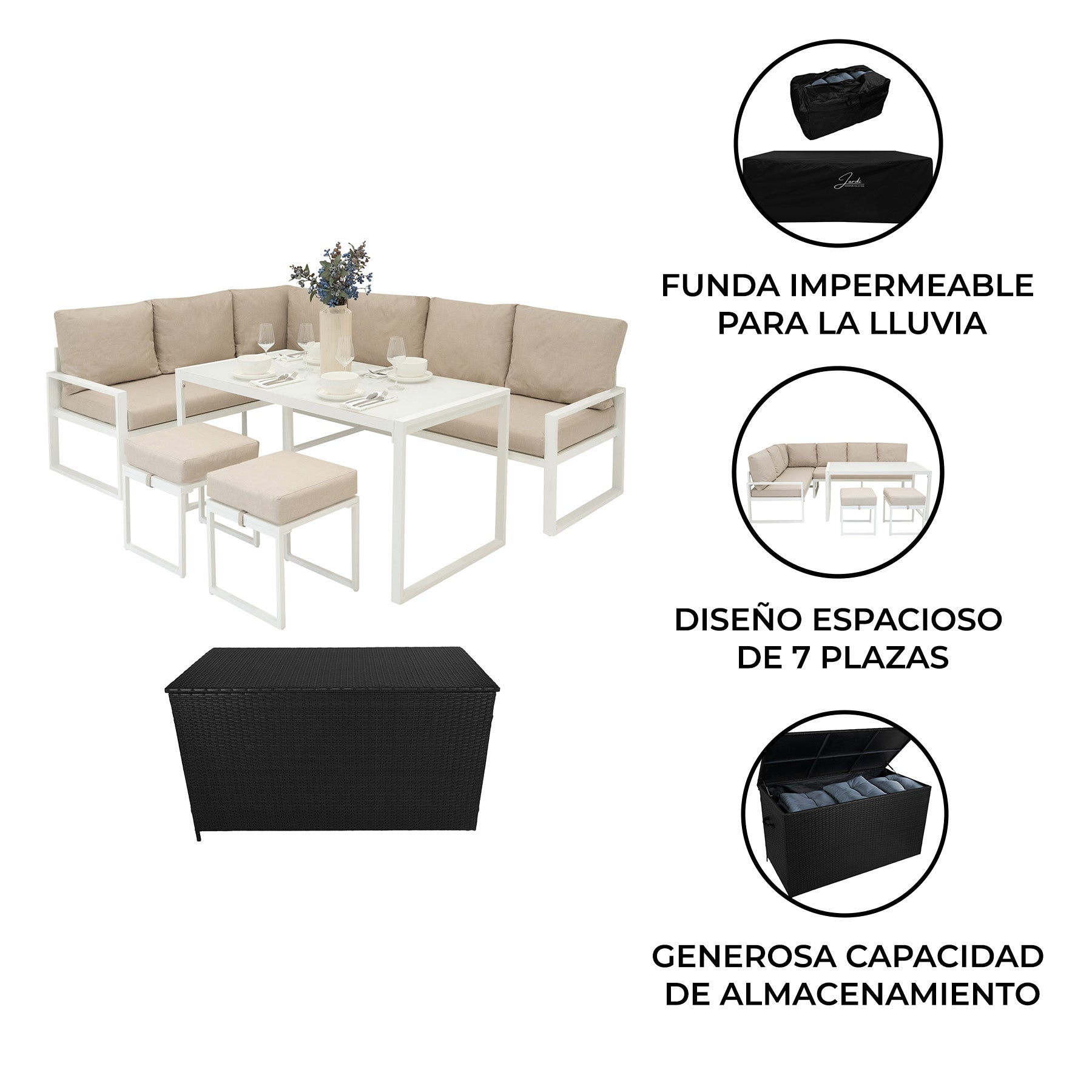 Mobiliario de exterior con mesa, taburetes, cojines y baúl.