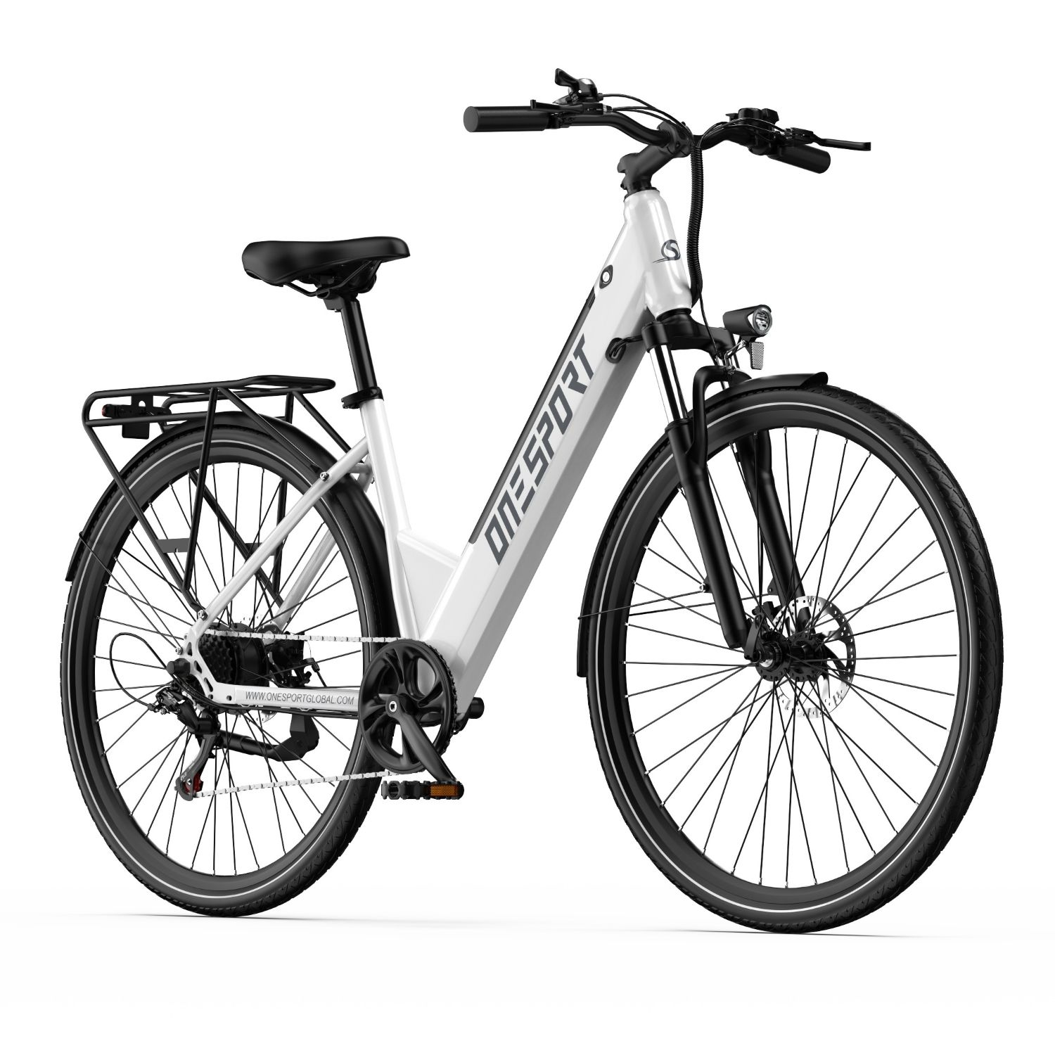Una bicicleta eléctrica blanca con portaequipajes, sillín negro y luces.