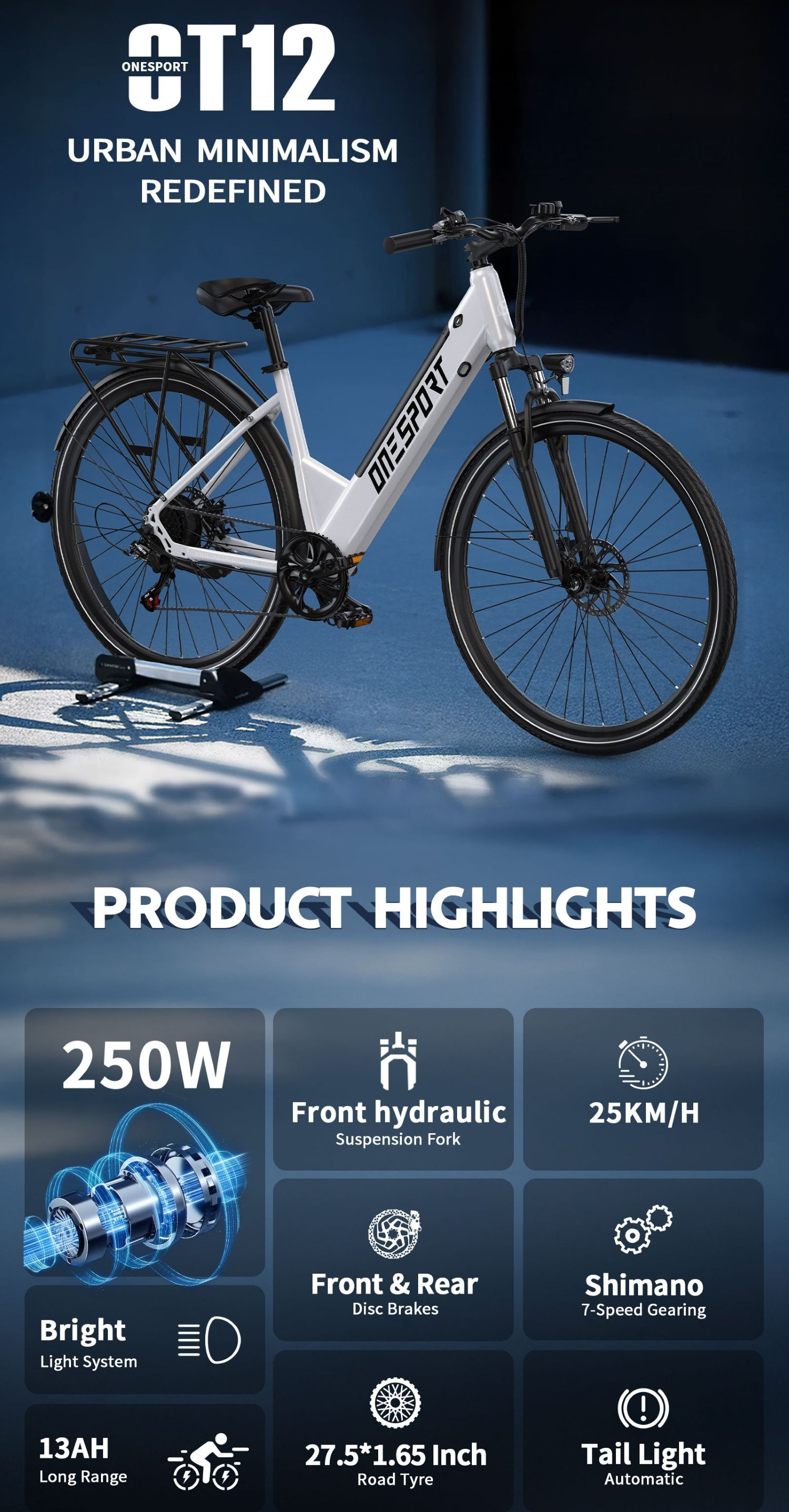 Bicicleta eléctrica blanca con logo "CT12". Destacados: motor 250W, suspensión hidráulica, 25 km/h velocidad máxima.