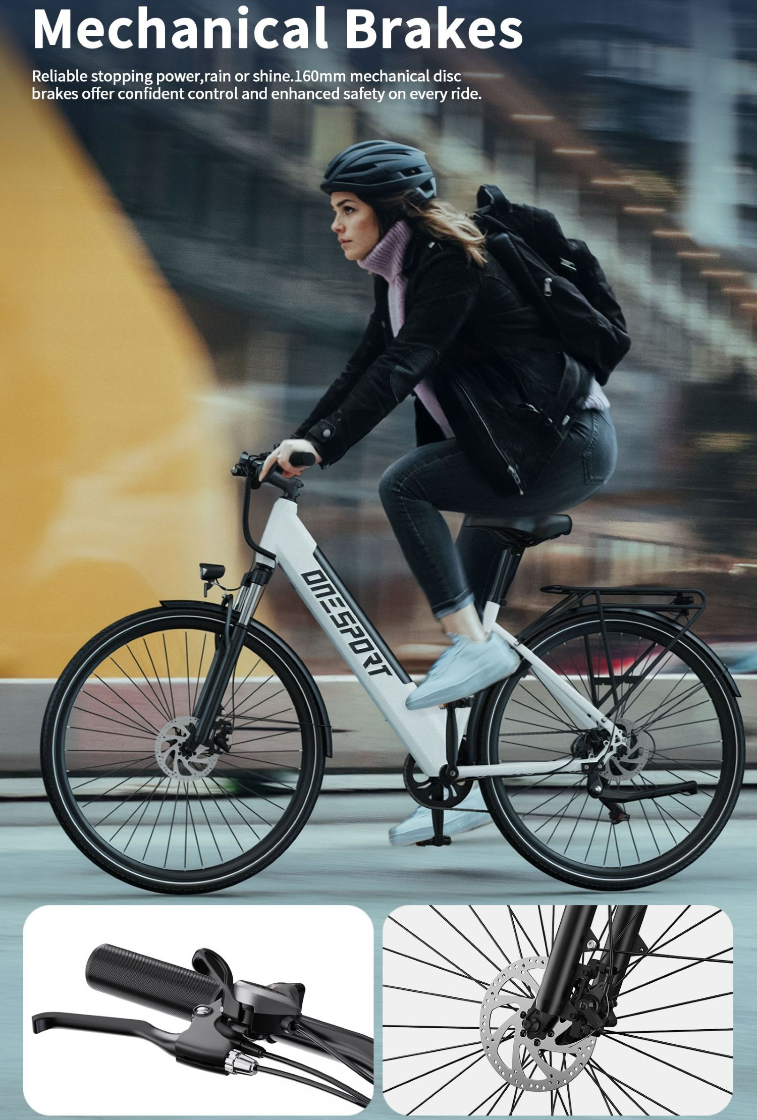 Una mujer monta una e-bike blanca con casco y mochila. Primeros planos de frenos.
