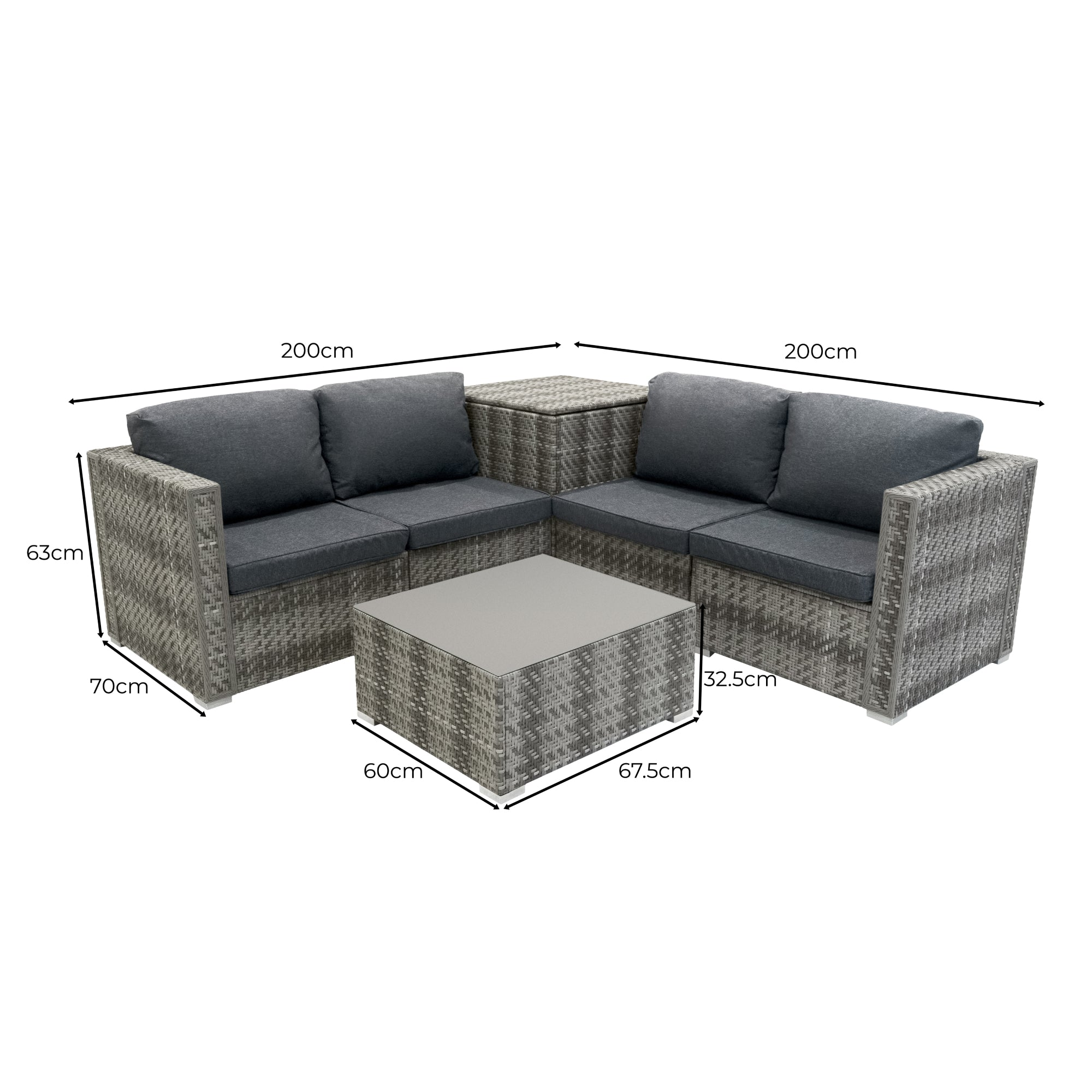 Sofá de esquina de ratán gris con mesa. Dimensiones mostradas.