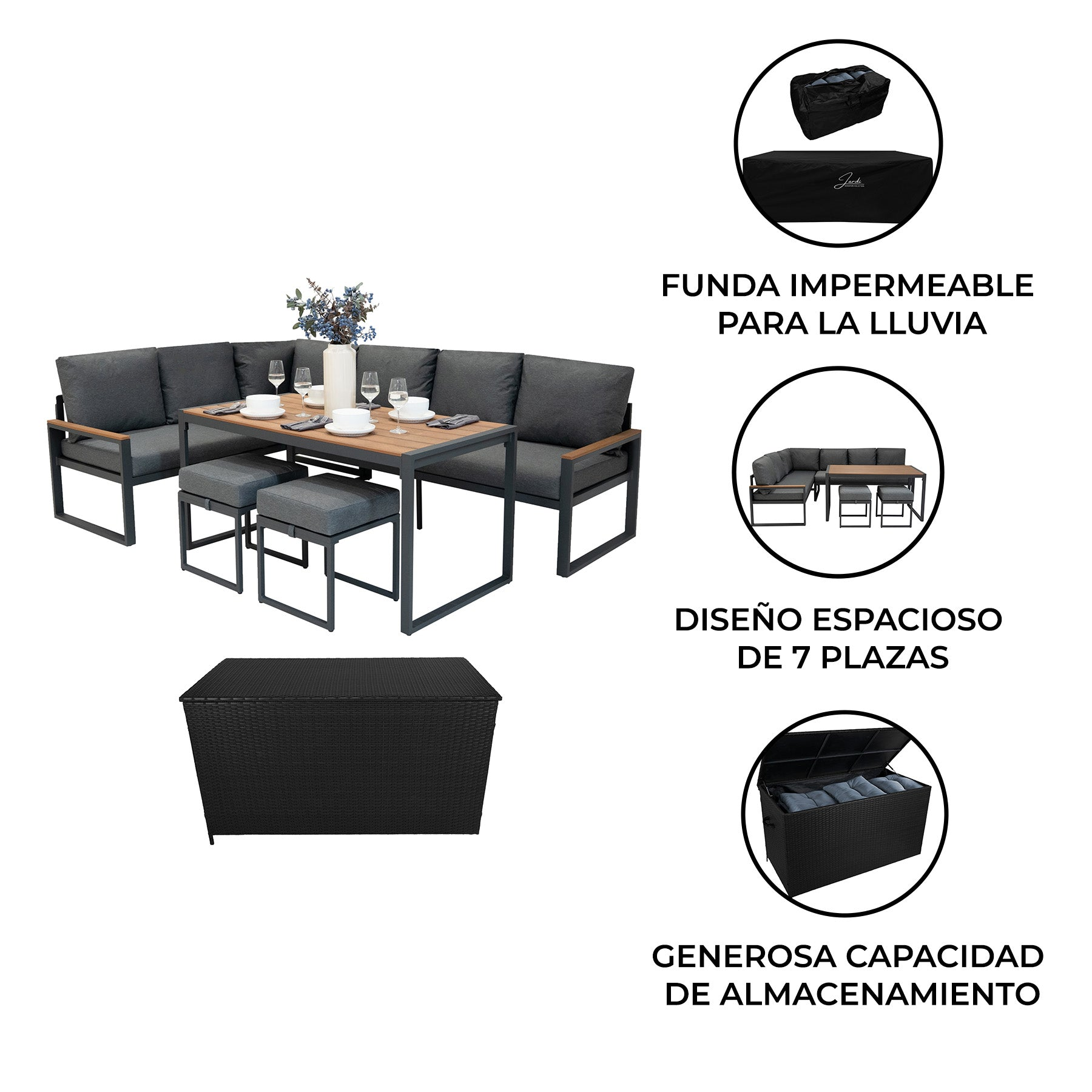 Conjunto de asientos de exterior con mesa, taburetes, baúl y funda.