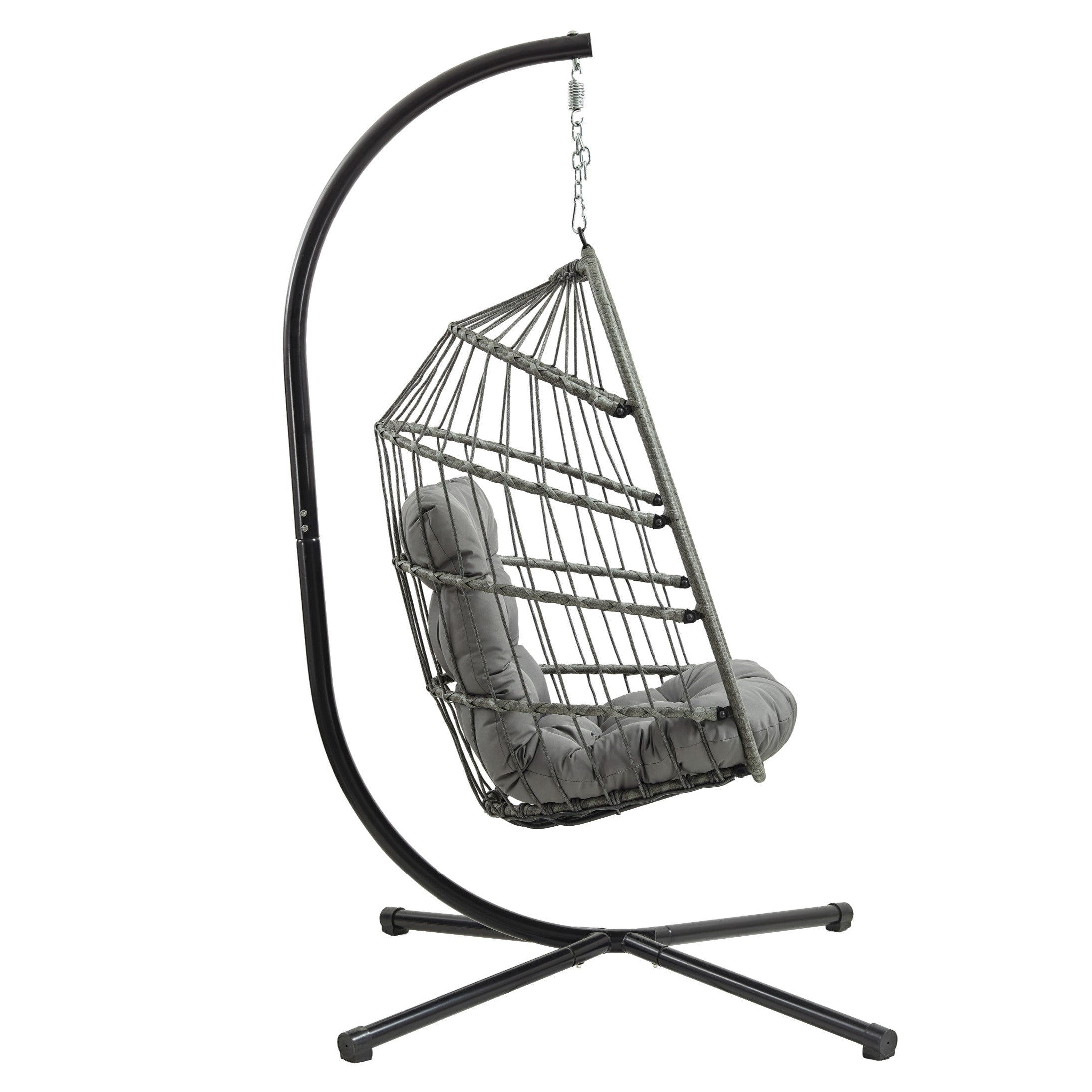 Silla colgante gris con cojines en soporte negro.