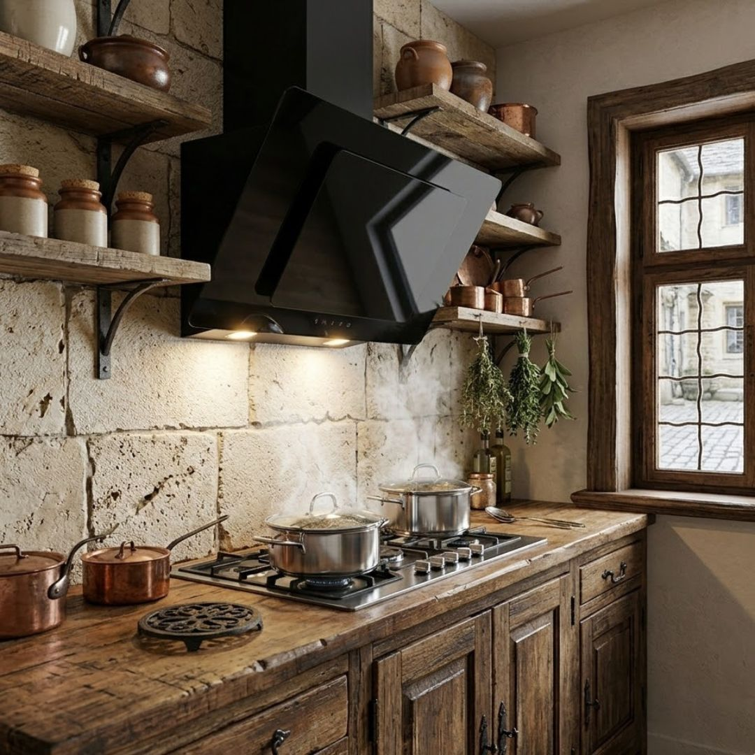 Cucina rustica con pareti in pietra, mobili in legno, fornello a gas e cappa.
