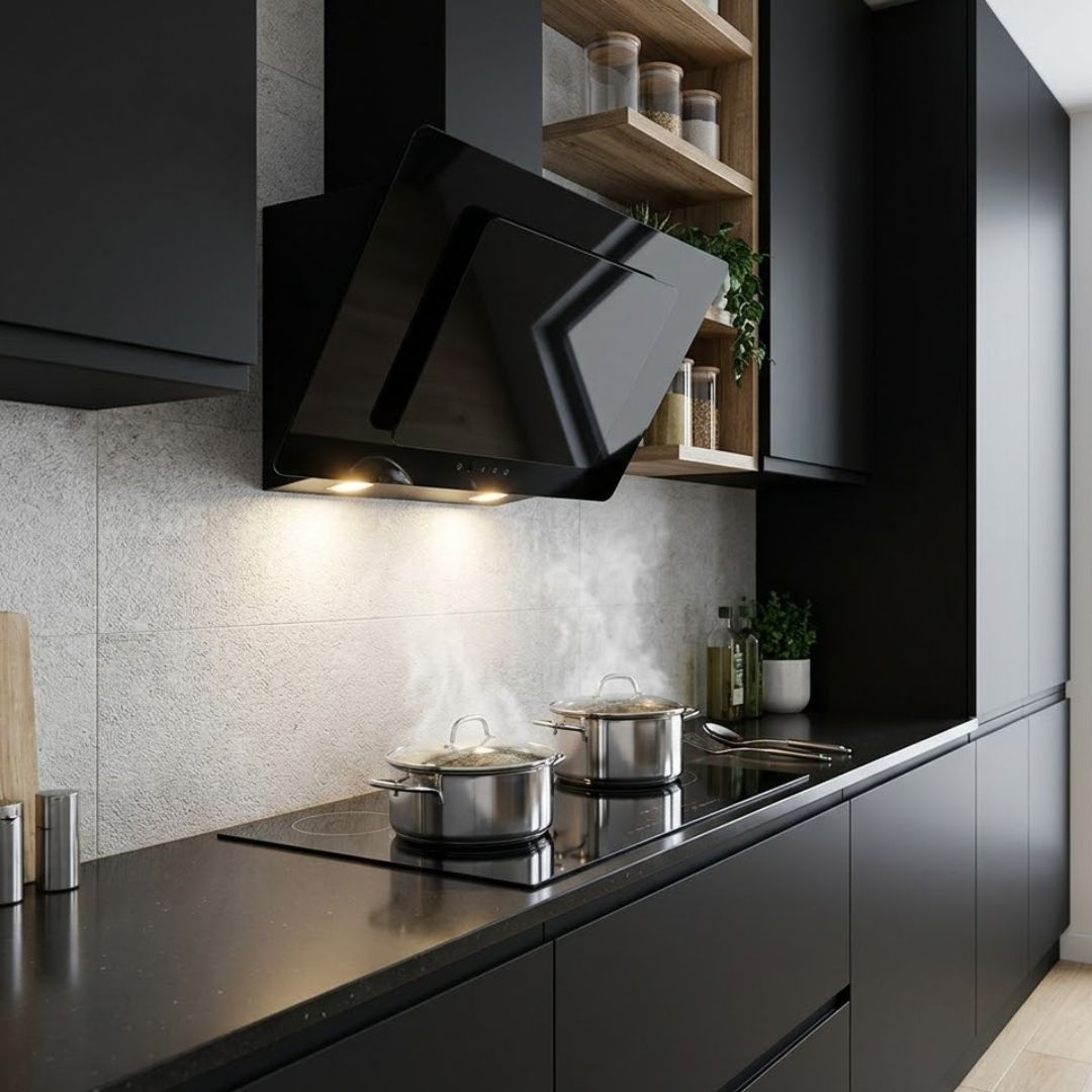 Una moderna cucina nera con pentole che cuociono su un piano cottura sotto una cappa nera.