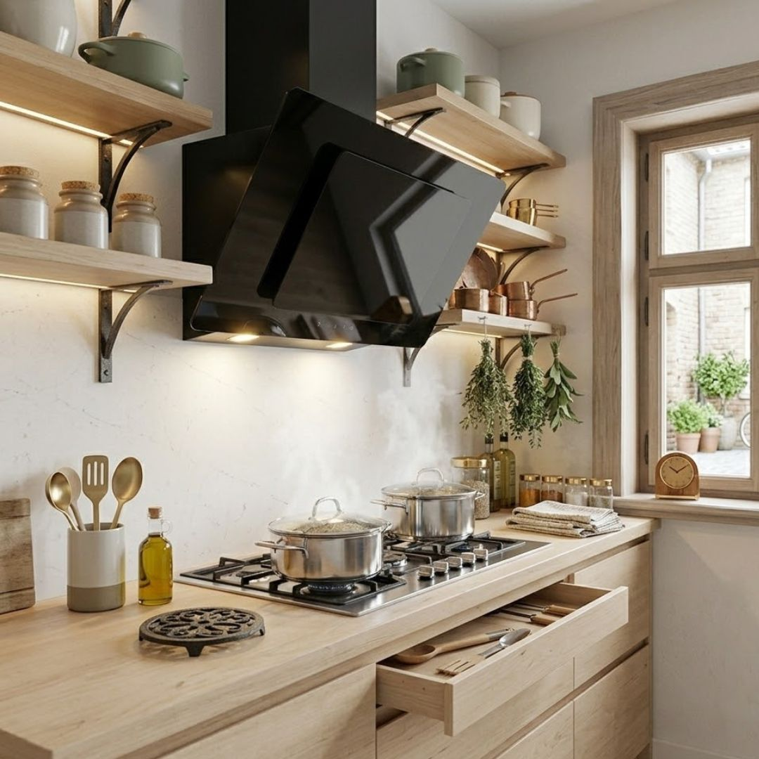 Una cucina moderna con fornelli a gas, cappa aspirante, banconi in legno e finestra.