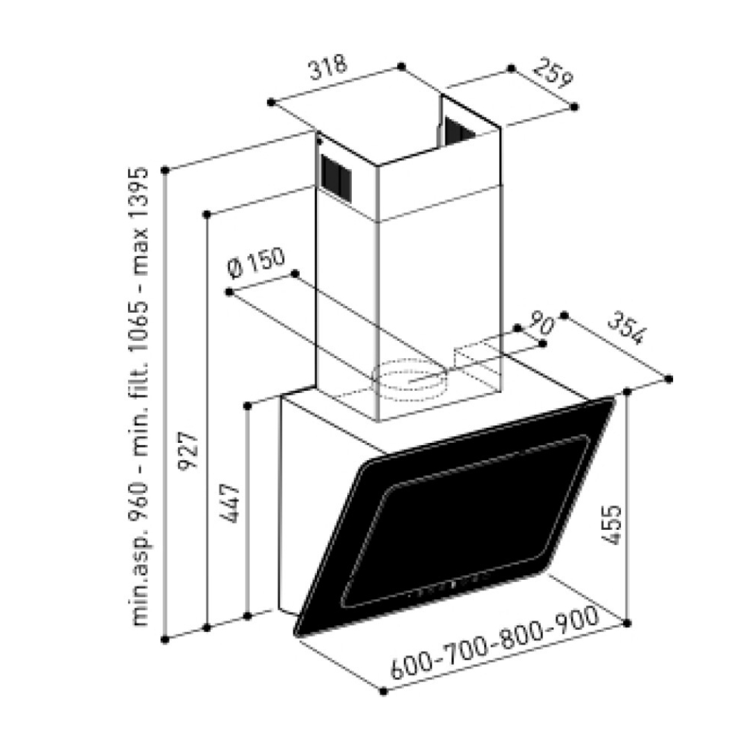 Disegno tecnico di una cappa da cucina con dimensioni.