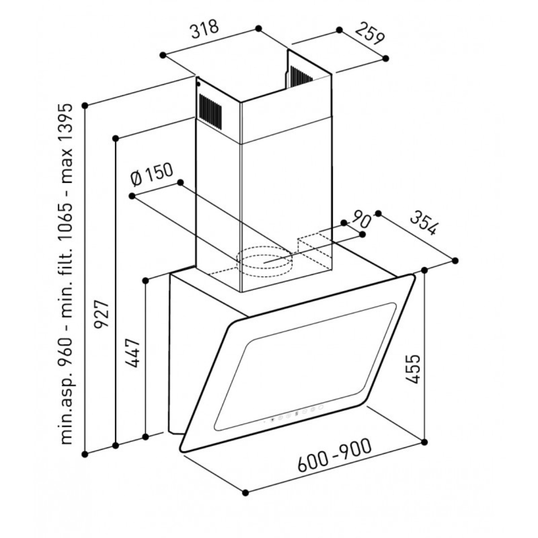 Disegno tecnico di una cappa da cucina con dimensioni. Presenta un camino e un pannello in vetro angolato.