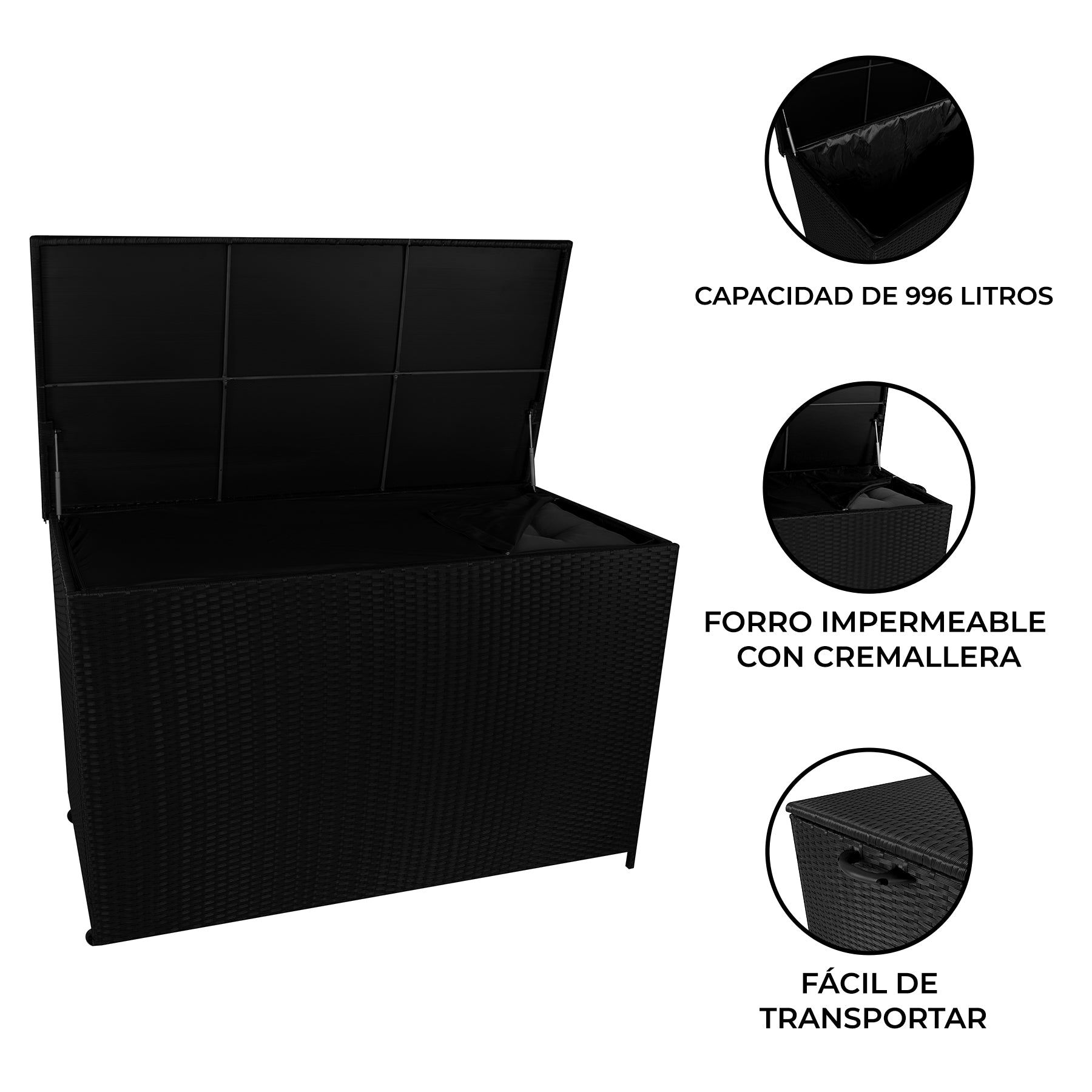 Arcón de almacenamiento negro con tapa abierta, forro interior. Se muestran detalles de capacidad.