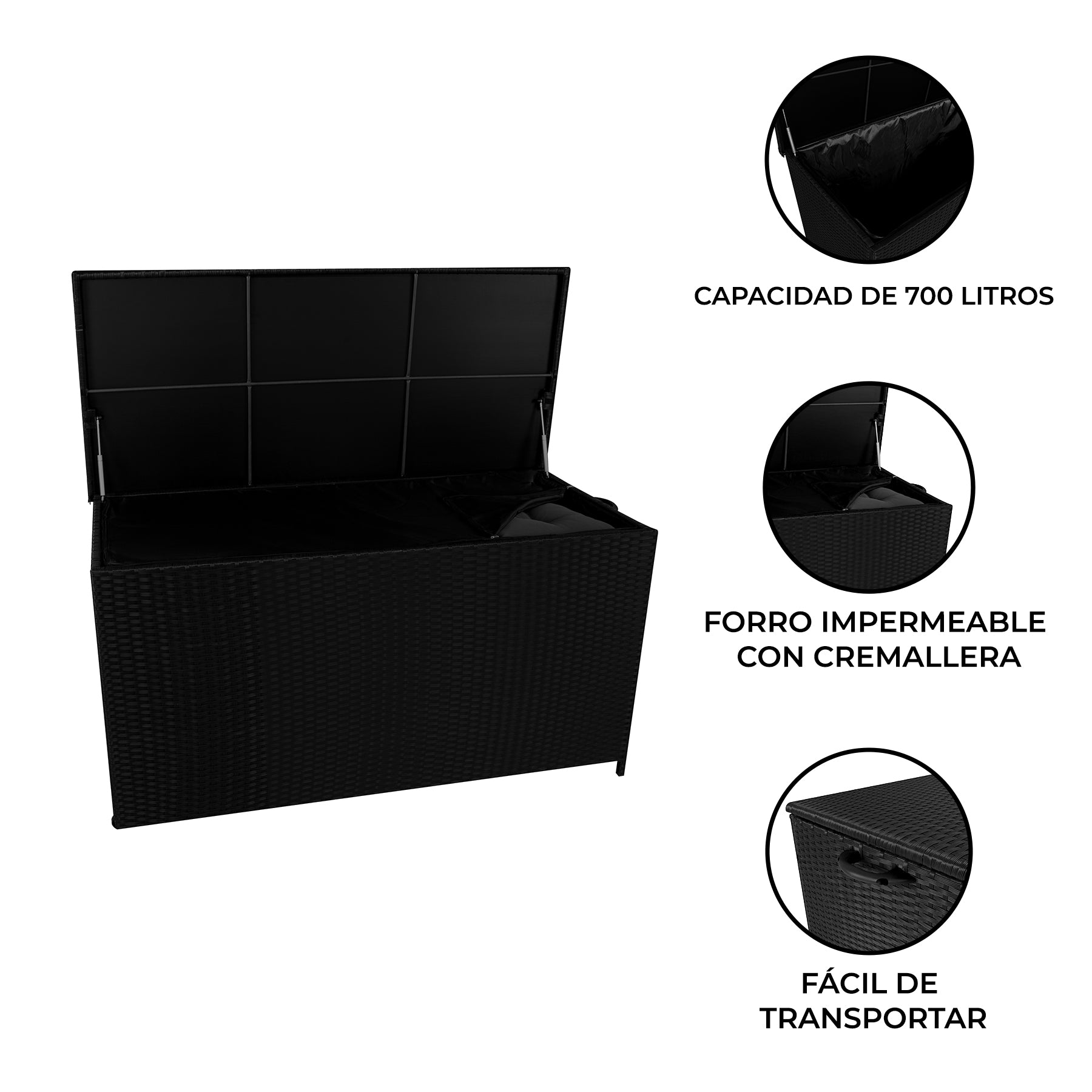 Caja de almacenamiento negra con tapa abierta, forro interior y detalles de asas.