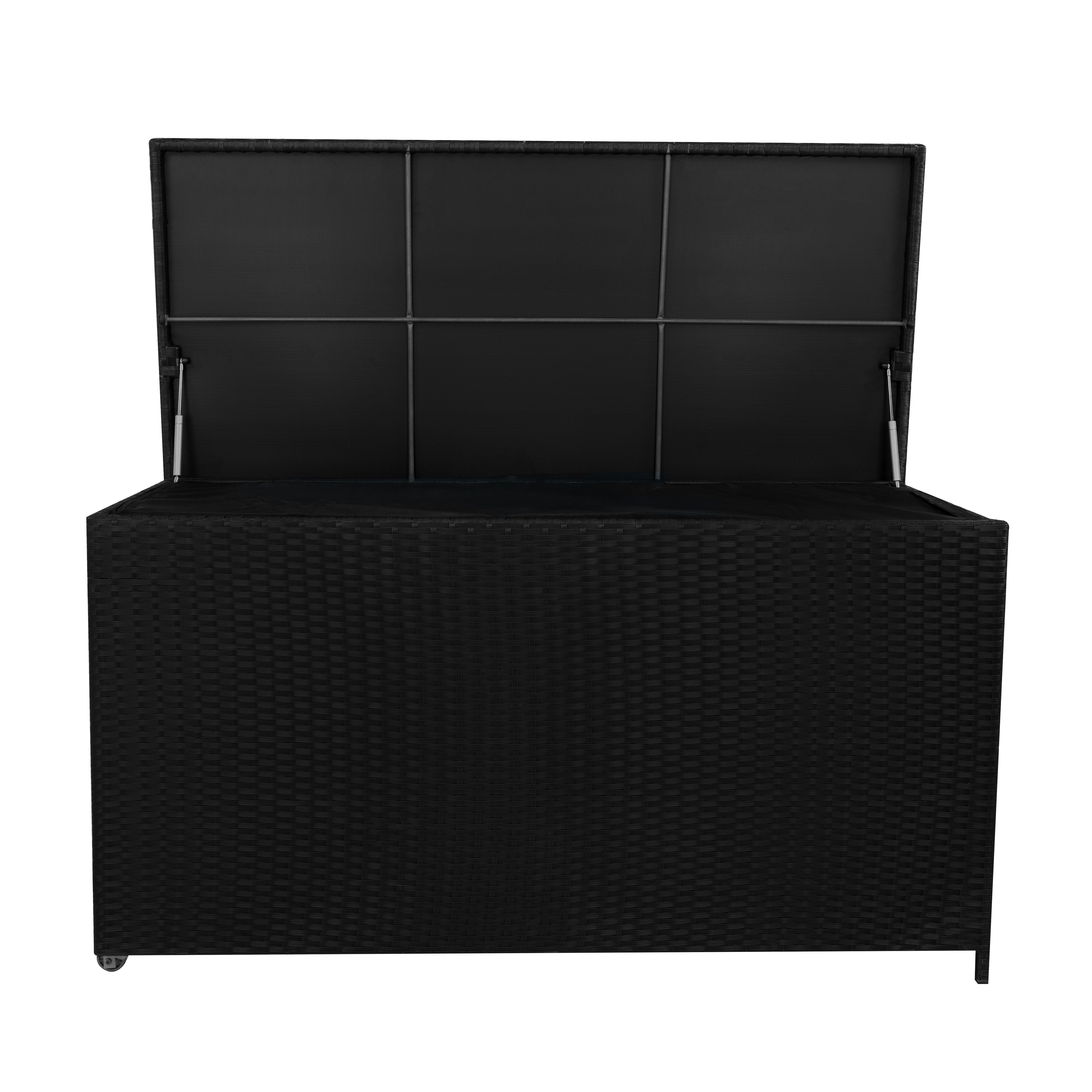Caja de almacenamiento negra con tapa abierta, aspecto de ratán, sobre fondo blanco.
