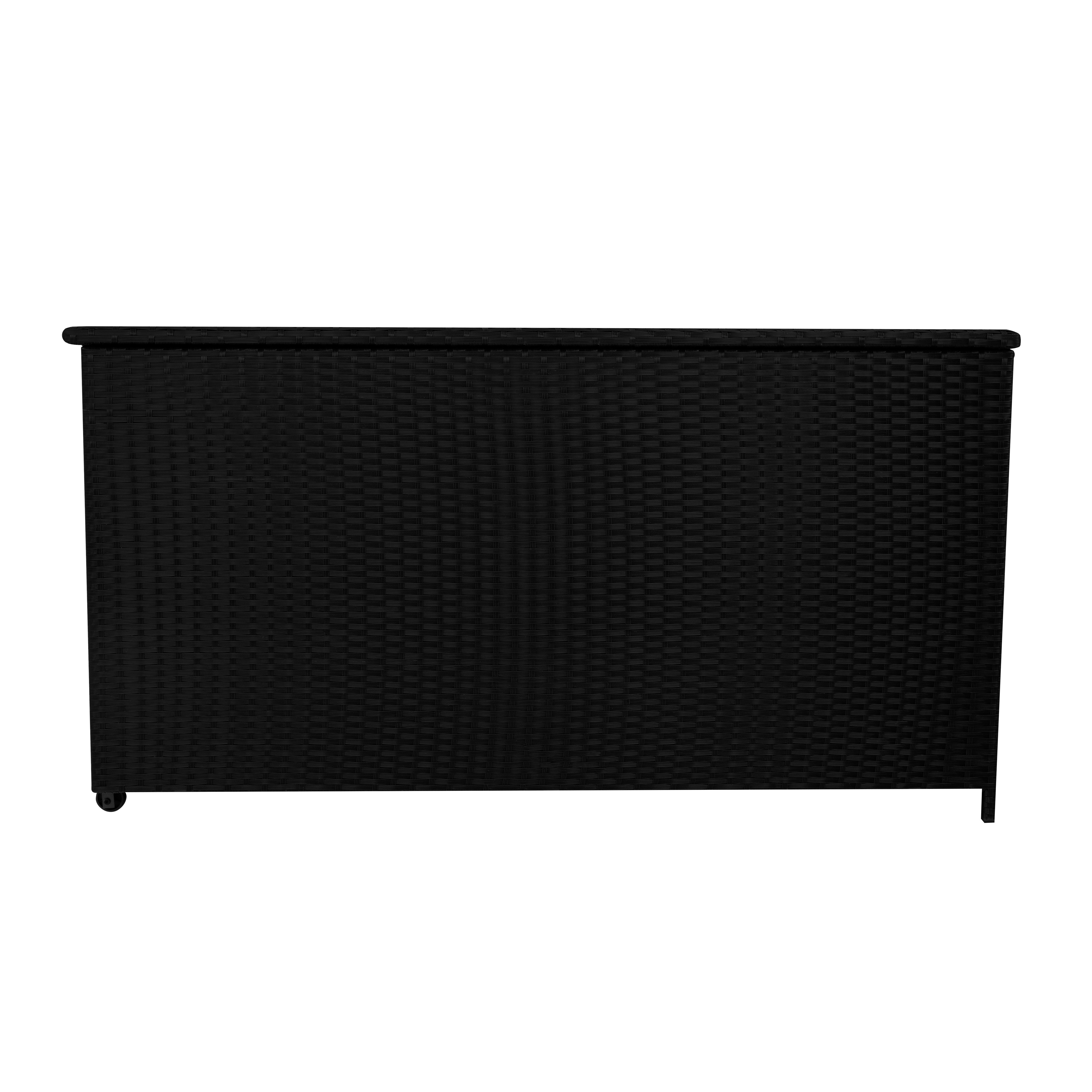 Caja de almacenamiento negra estilo ratán con ruedas.