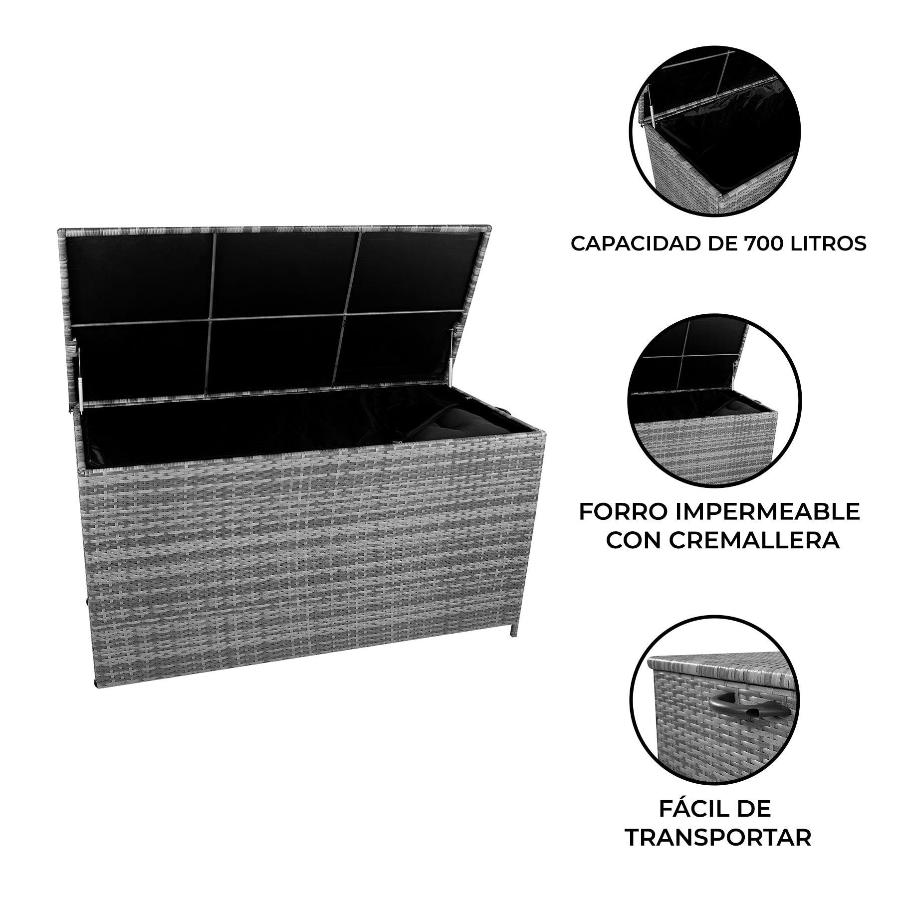 Cofre de almacenamiento de ratán gris con tapa abierta, forro interior y asas.