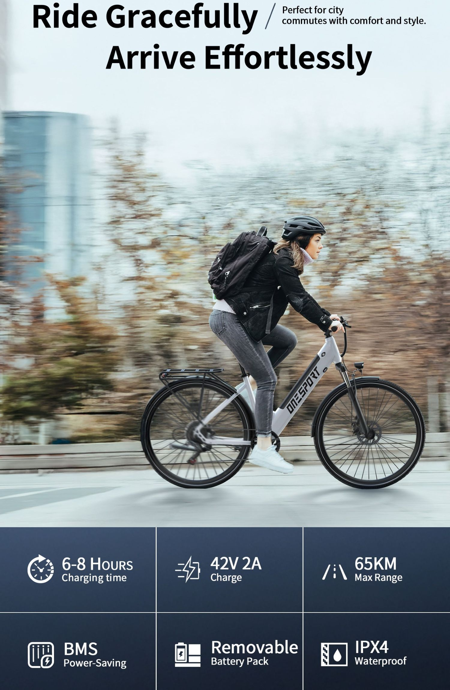 Una mujer monta una bicicleta eléctrica blanca con mochila y casco en una carretera.