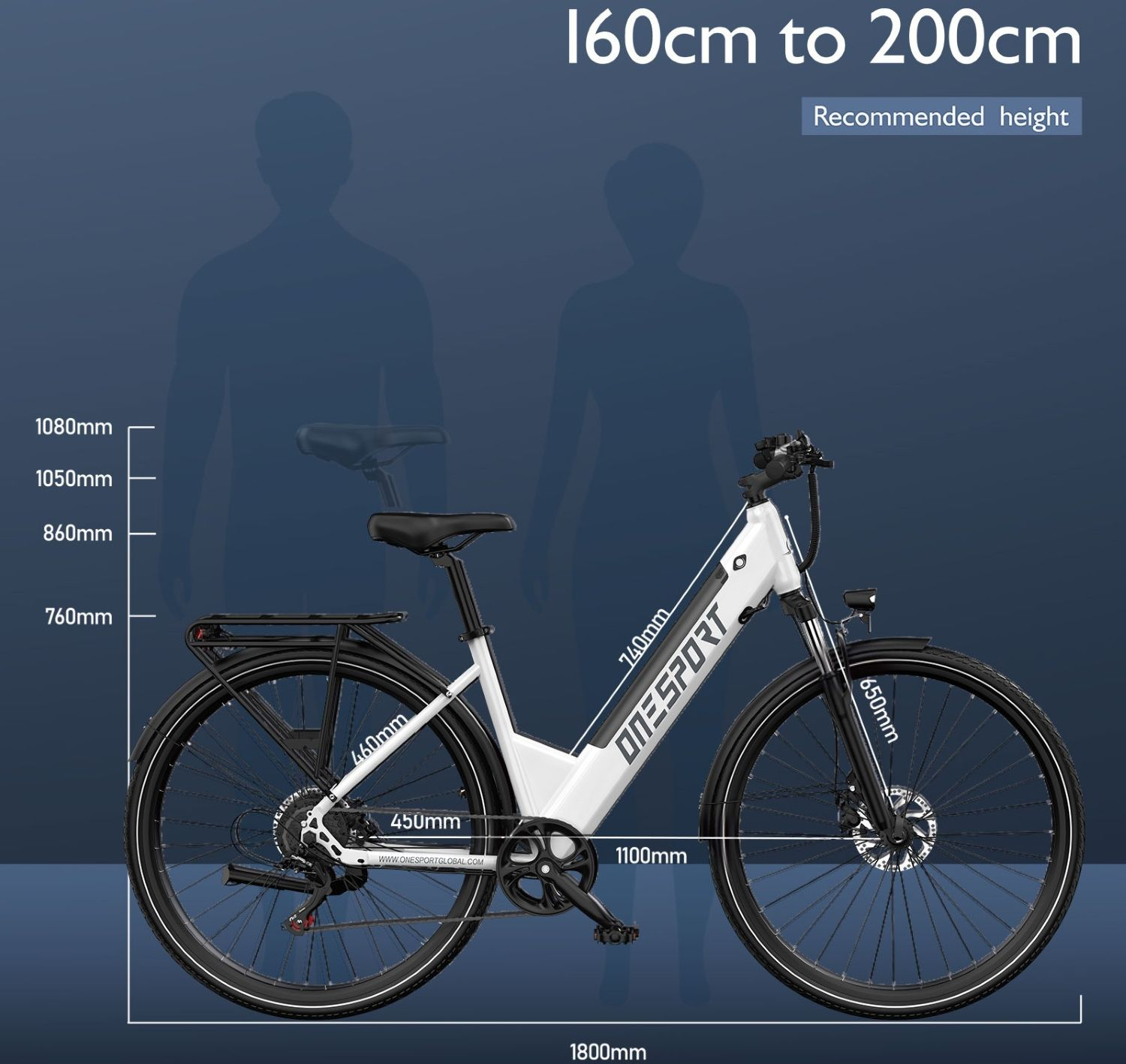 Una e-bike blanca con medidas, recomendada para alturas de 160-200cm.