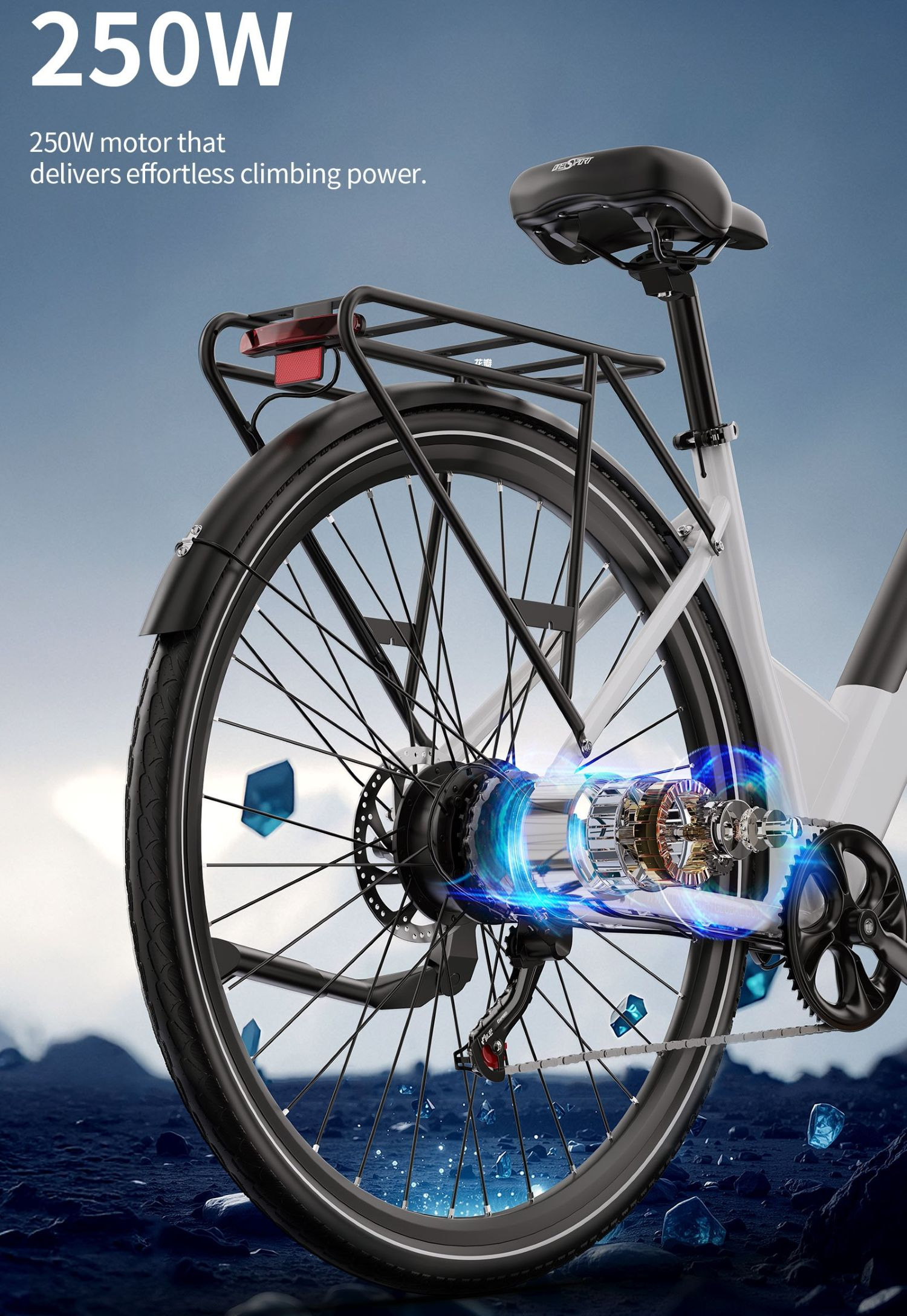 Primer plano de la rueda trasera de una e-bike, resaltando el motor de 250W con efectos de luz azul.