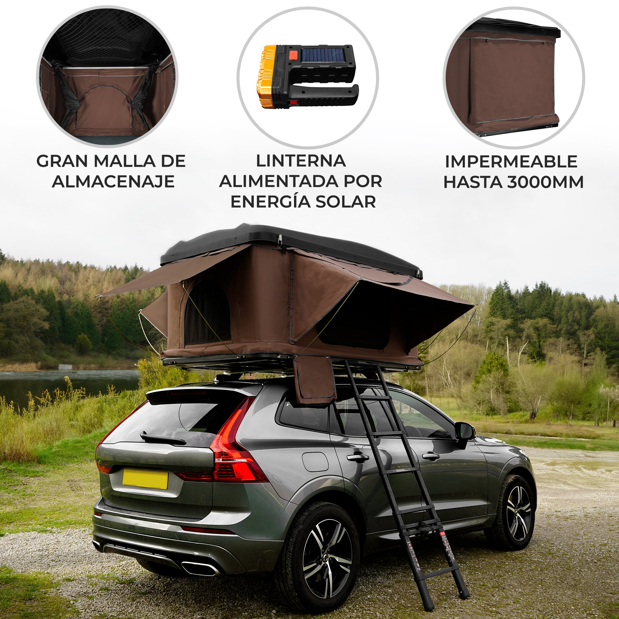 Tienda de techo marrón en coche gris con escalera, en entorno natural.