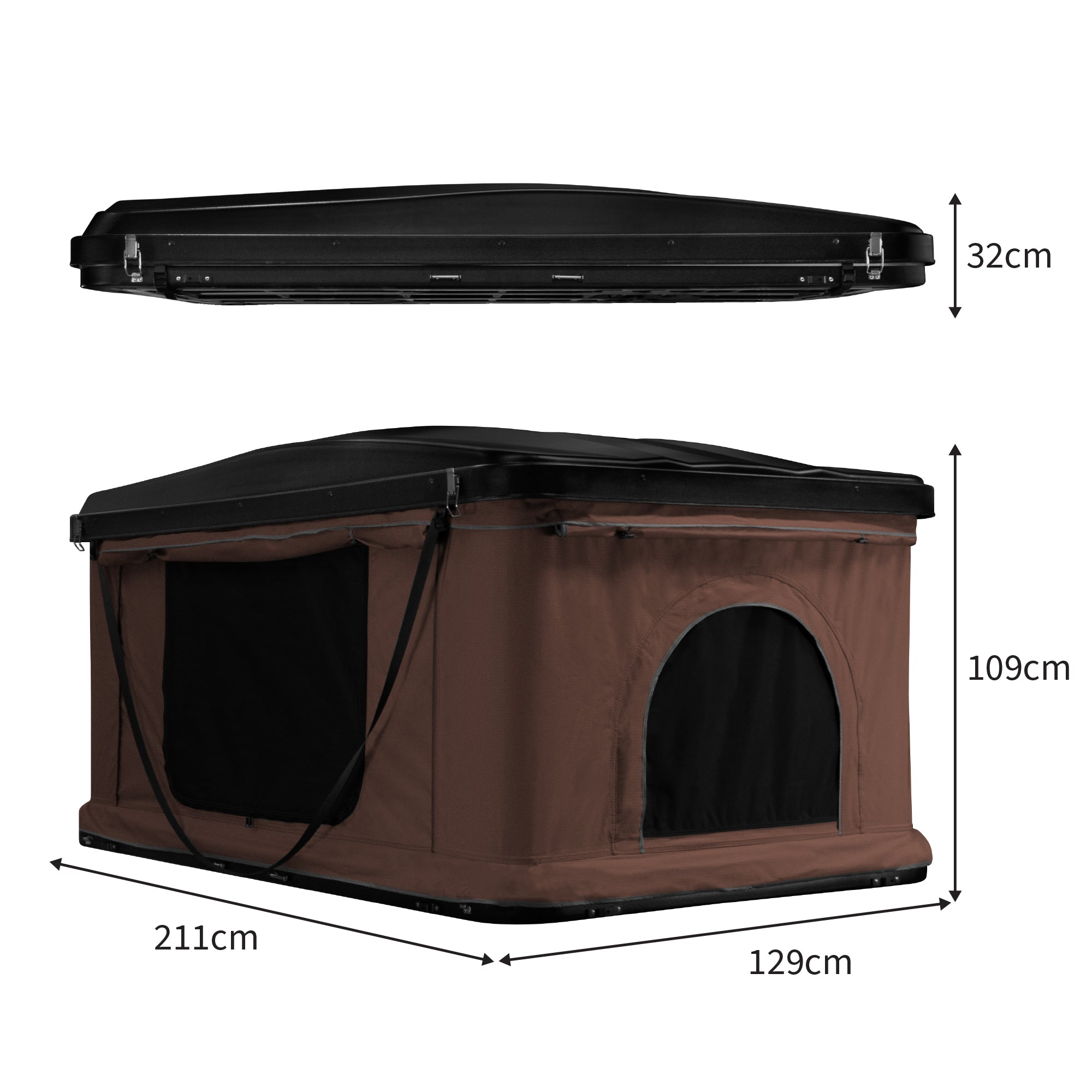 Tienda de techo marrón, cerrada 211x129x32cm y abierta 109cm de alto.