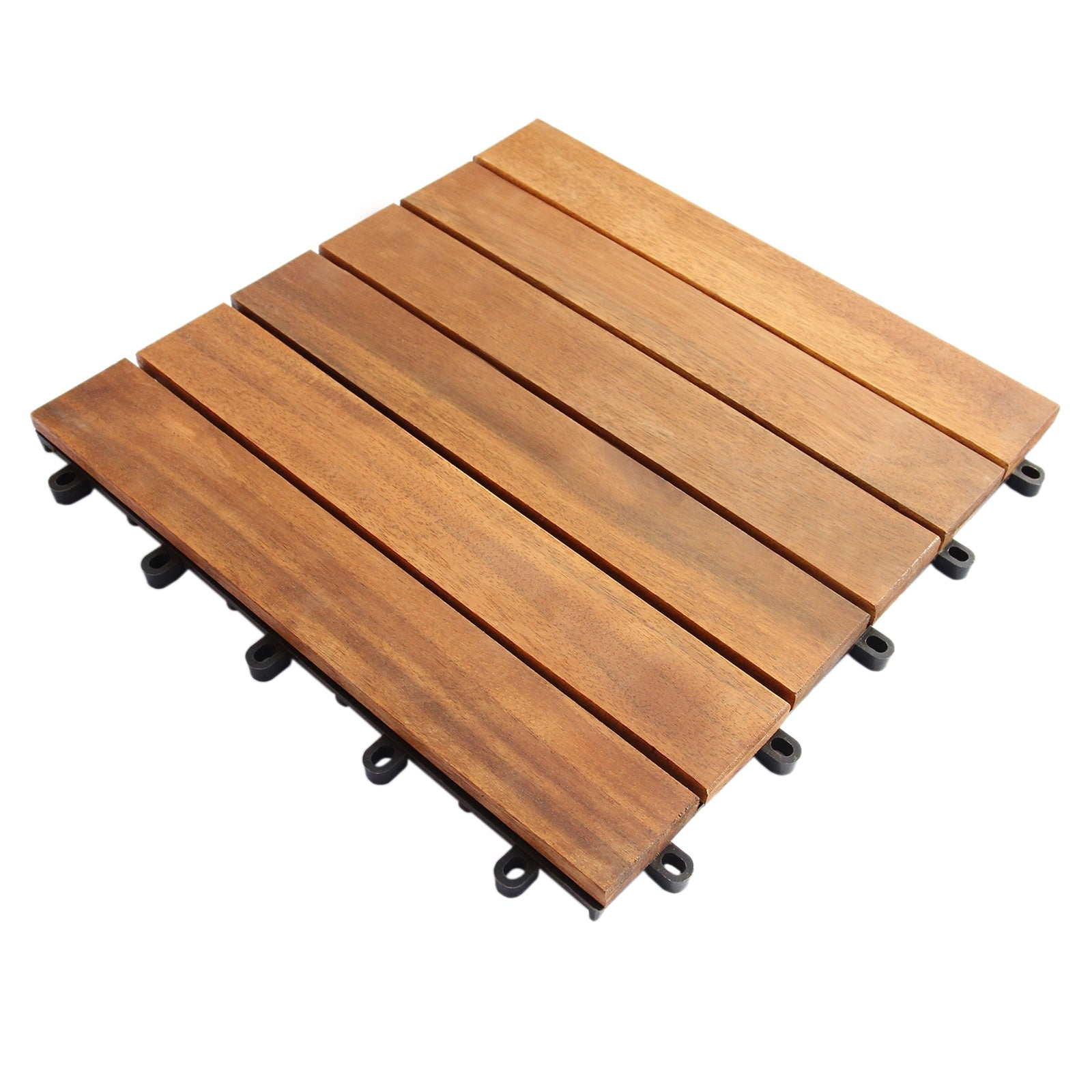 Baldosas de madera entrelazadas con veta visible y base de plástico negro.