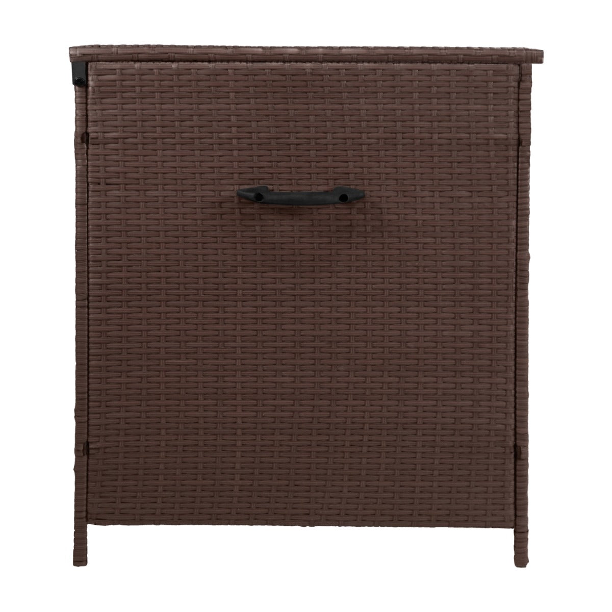 Cesta marrón de mimbre con asa en la parte delantera.