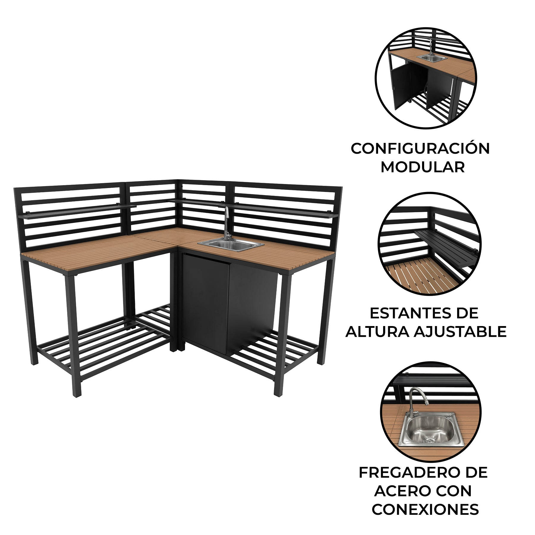 Cocina exterior modular con fregadero, marco negro y superficies de madera.