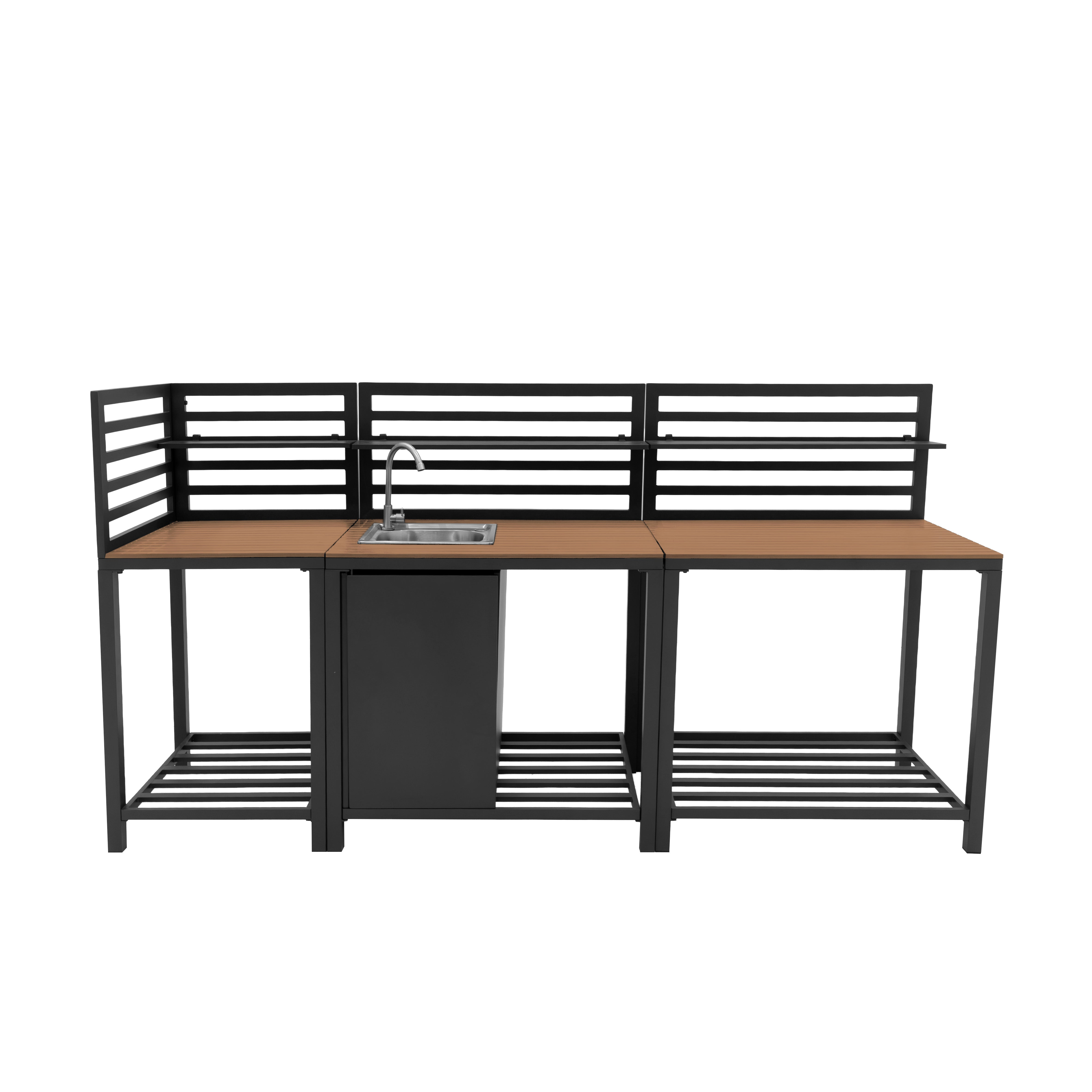 Un mueble de metal negro con superficies de madera y un fregadero.