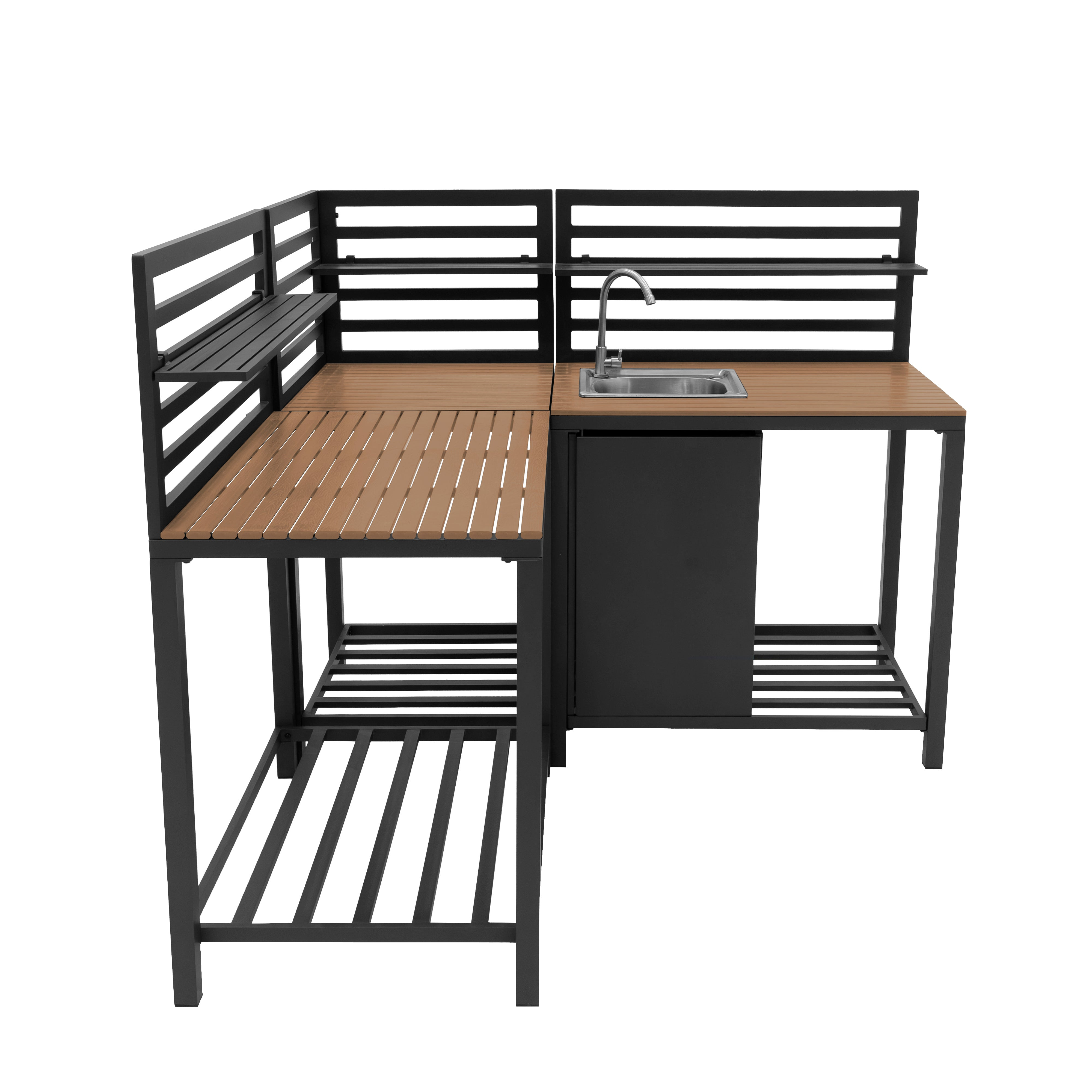 Estantería rectangular de cocina para exteriores con superficies de madera y fregadero.