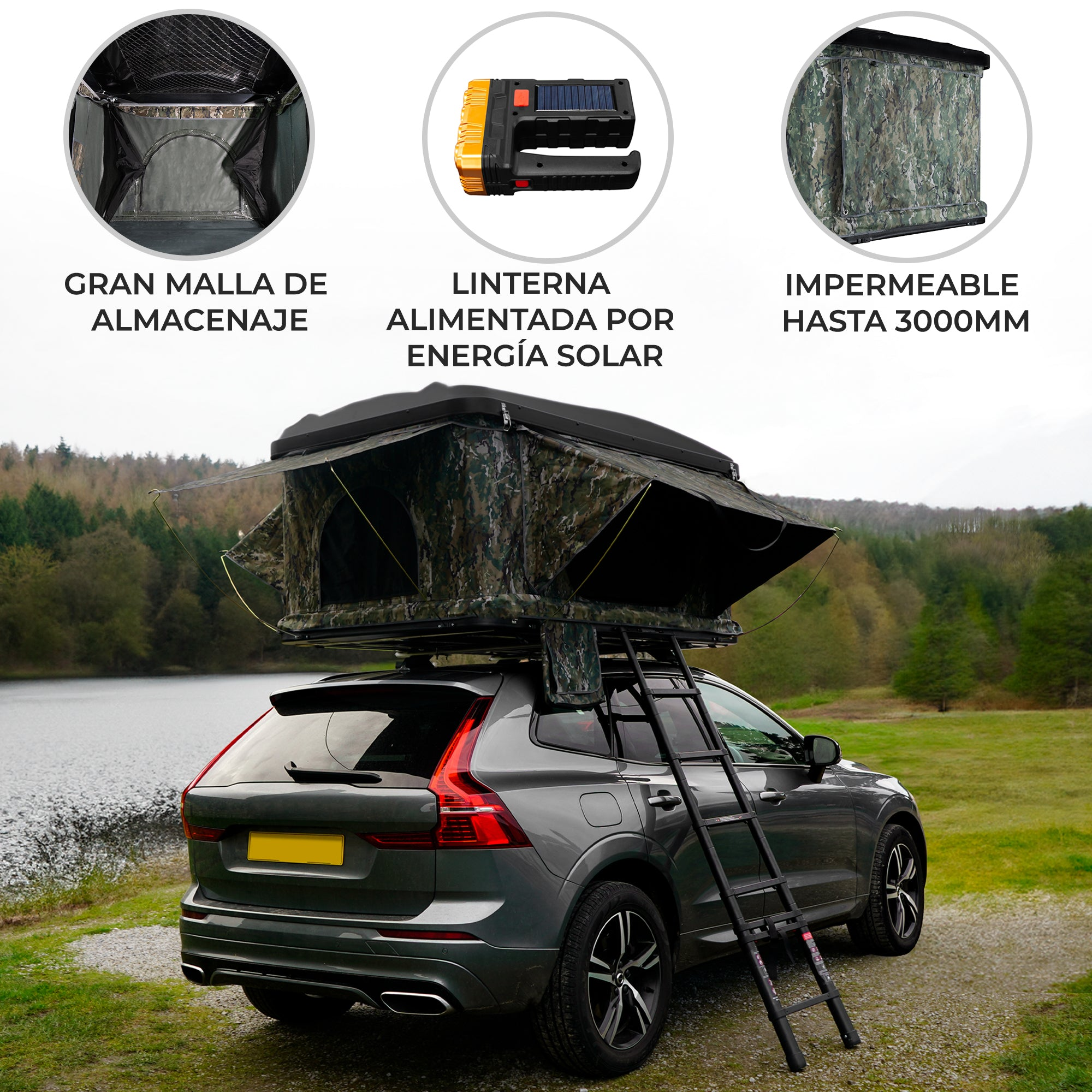 Un SUV gris con una tienda de techo de camuflaje aparcado junto a un lago.