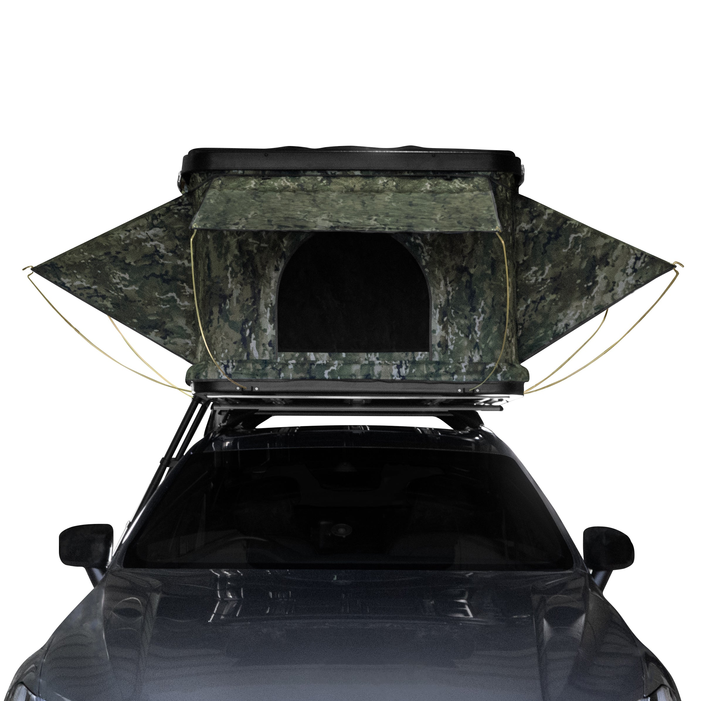 Una tienda de campaña de camuflaje en un coche con lados abiertos.