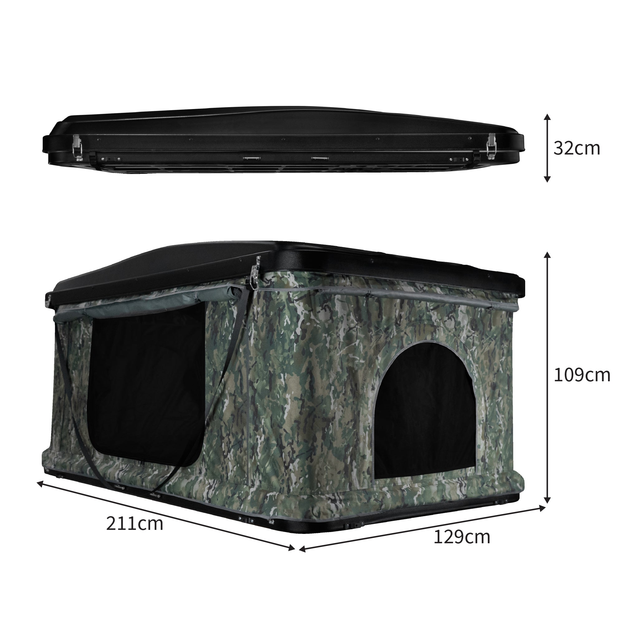 Una funda de tienda de techo negra cerrada sobre una tienda de techo abierta de camuflaje.