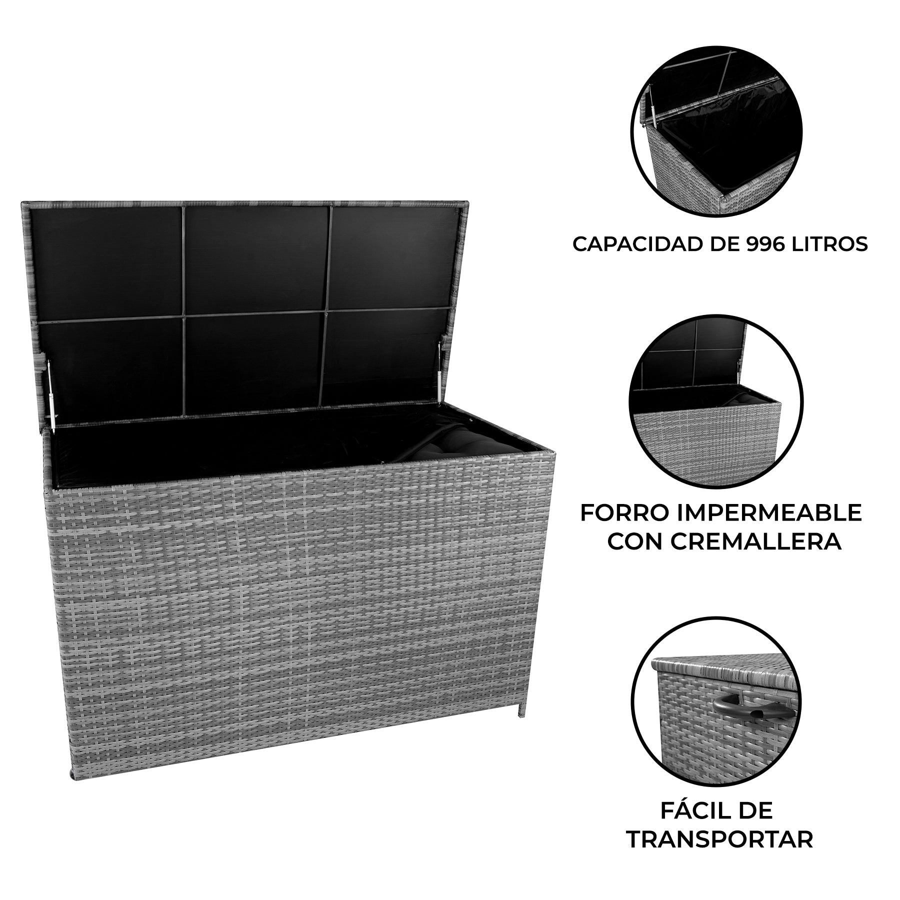 Cofre de almacenamiento de ratán gris con tapa abierta y forro interior negro.