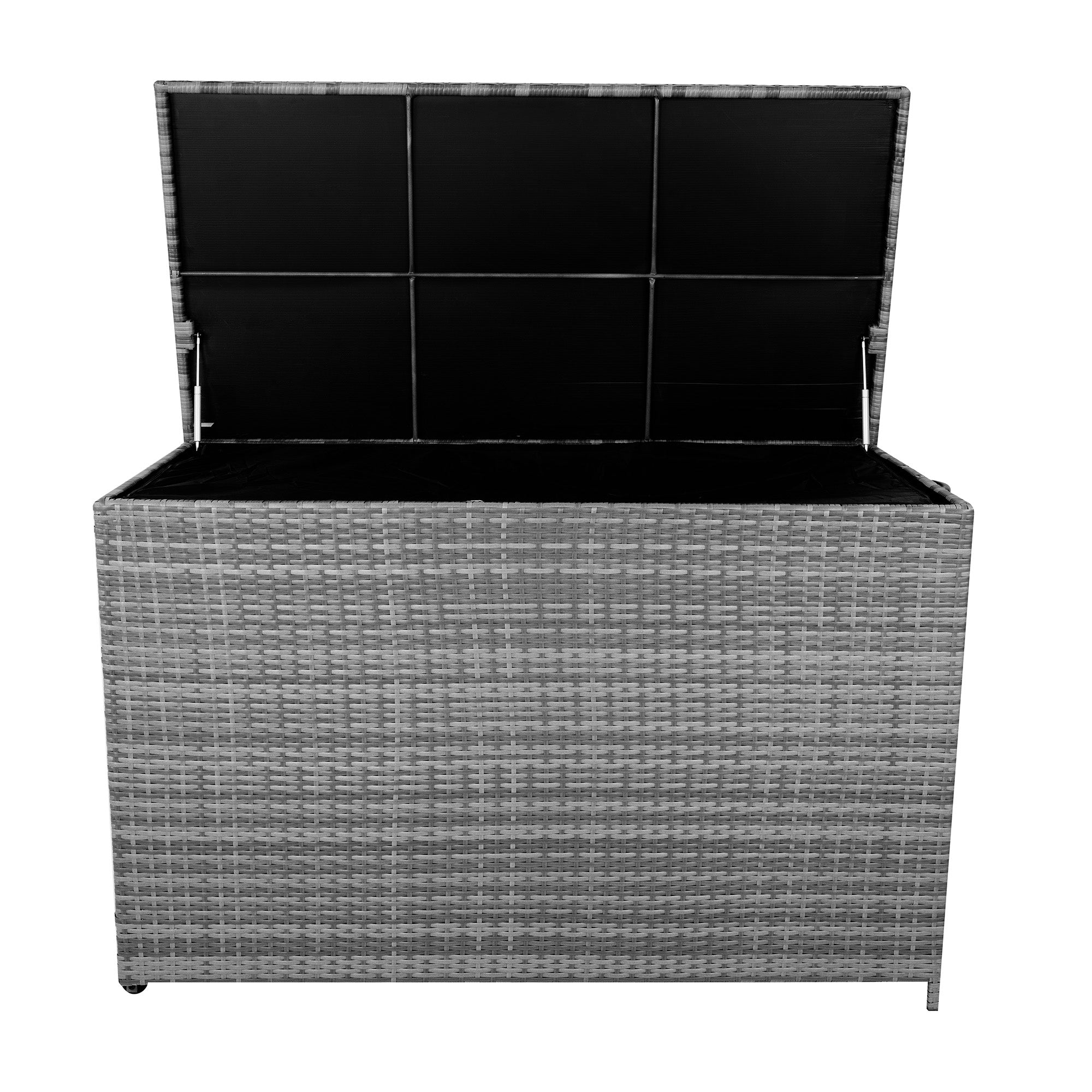 Caja de almacenamiento de ratán gris con tapa abierta y forro interior negro.