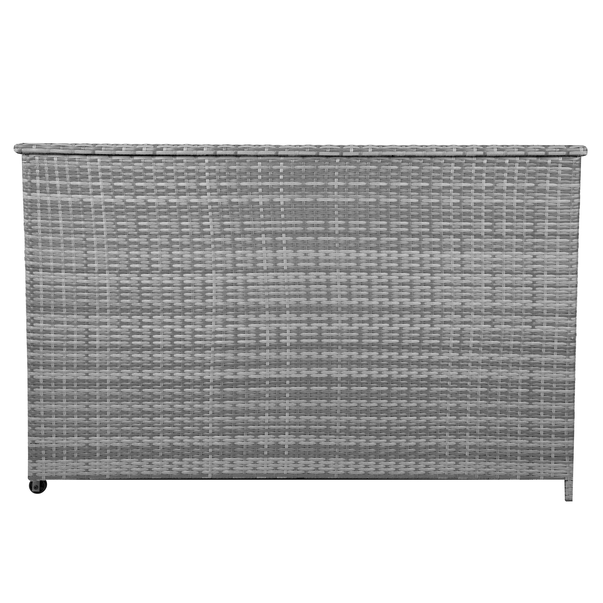 Una caja de almacenamiento de mimbre gris con tapa y ruedas a la izquierda.