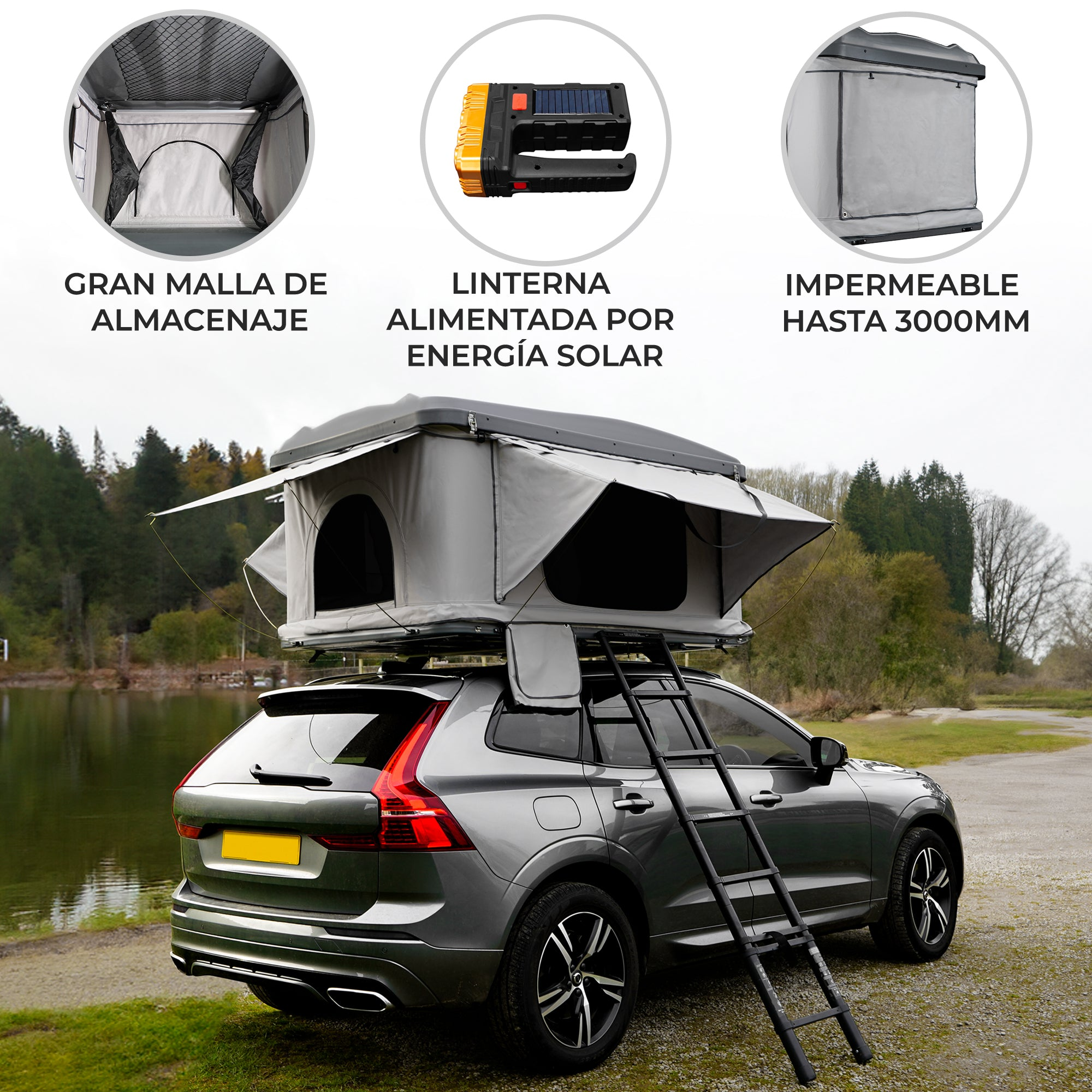 Una tienda de techo gris está montada en un SUV gris, con una escalera al lado.