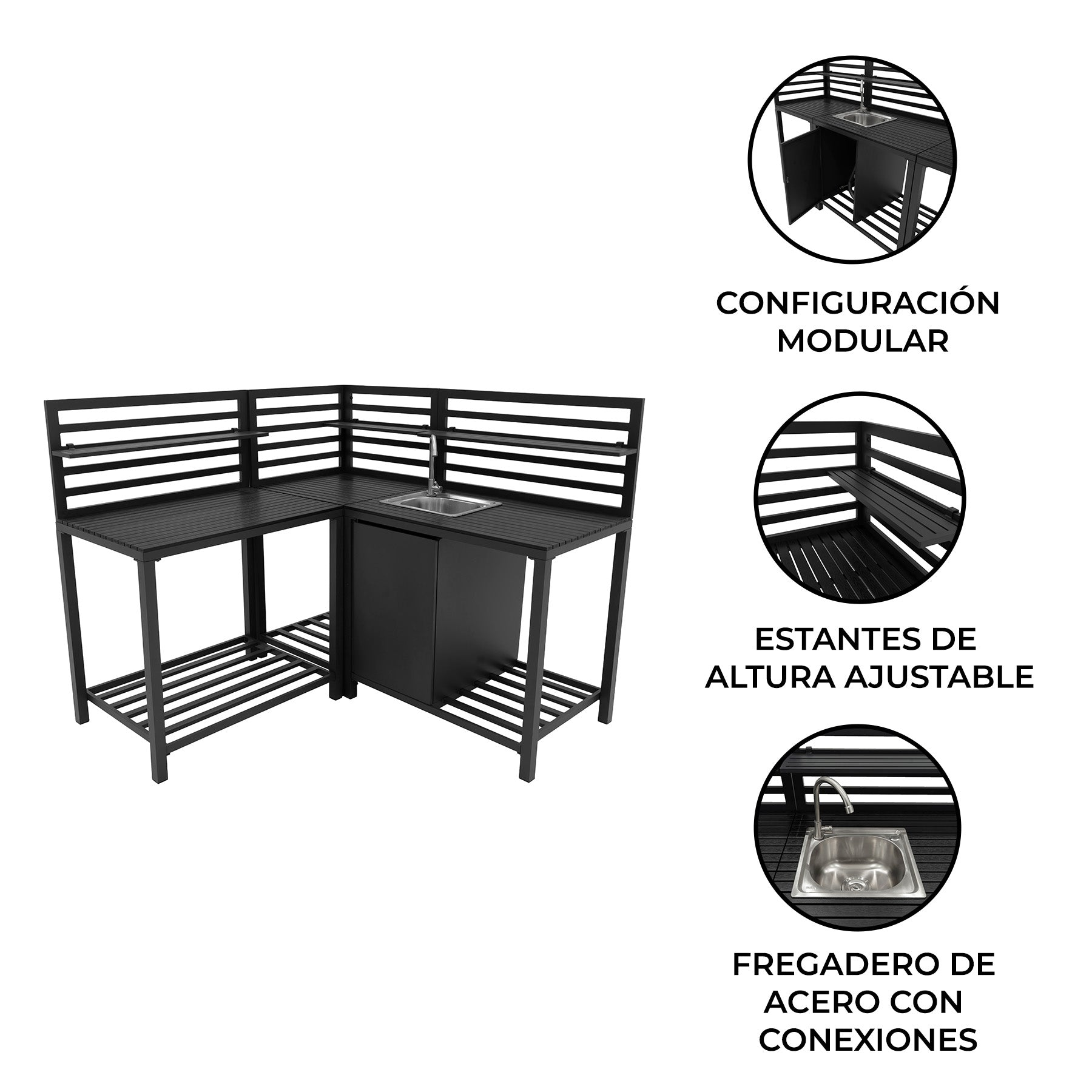 Unidad de cocina exterior modular negra con fregadero, estantes y almacenamiento.