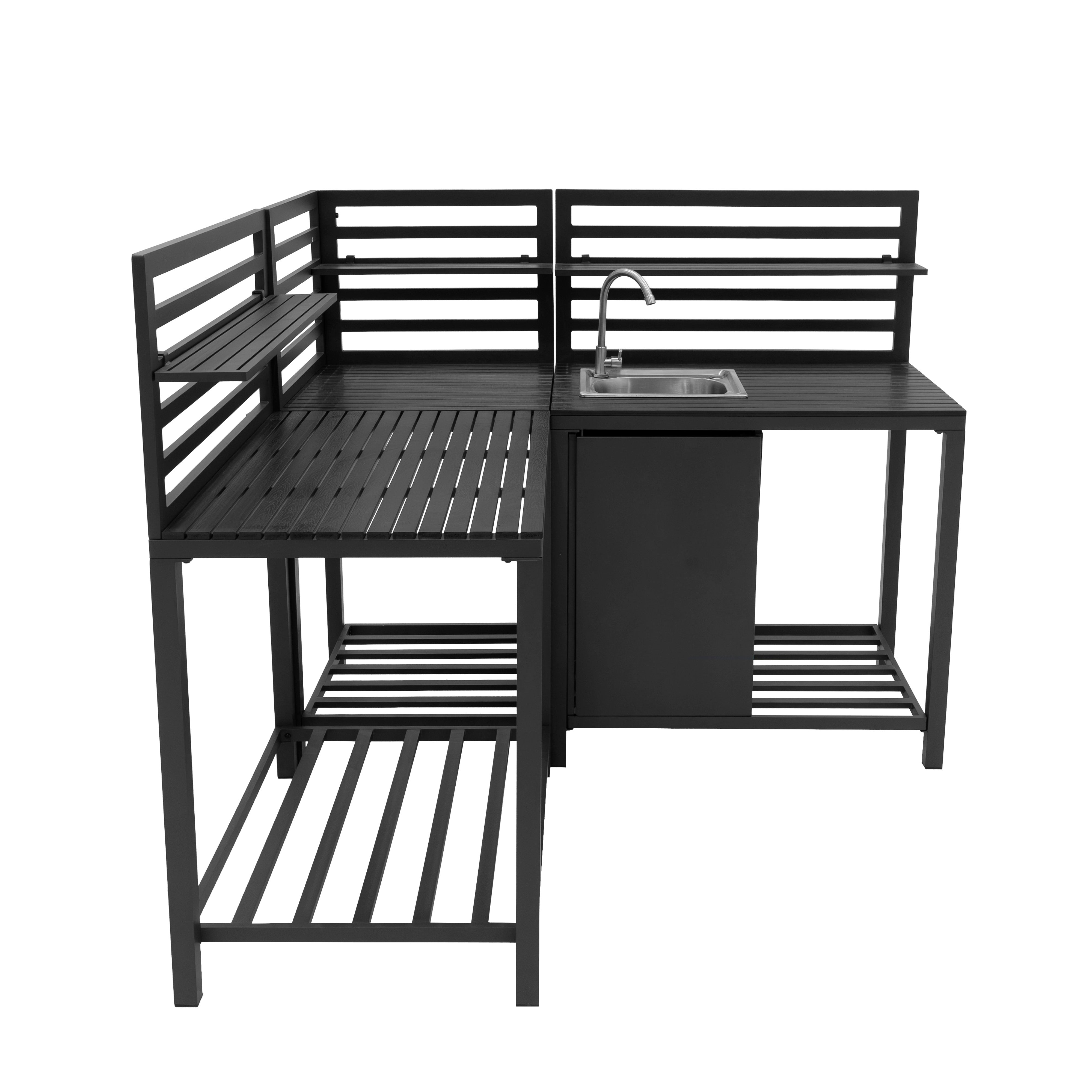 Mueble de cocina esquinero negro con fregadero, armario y múltiples estantes.