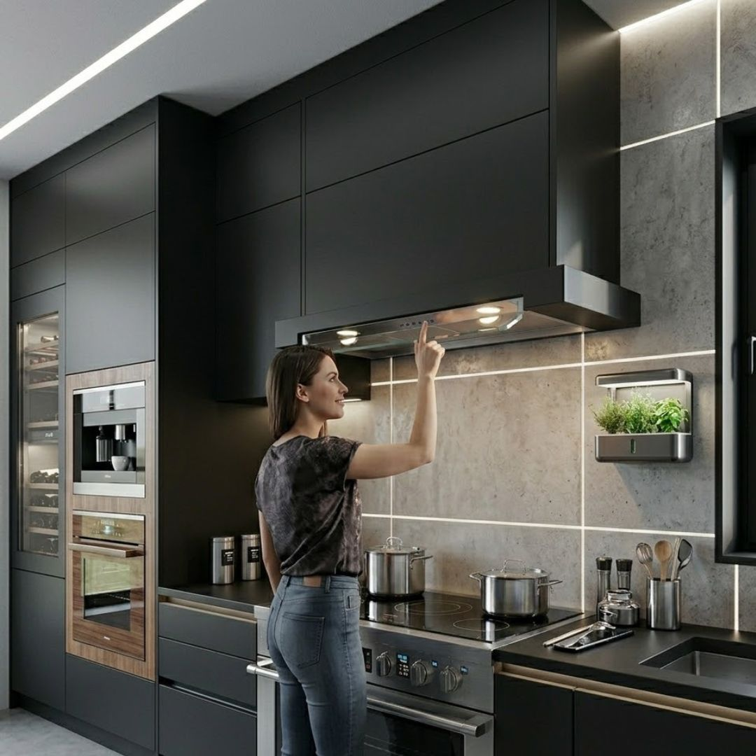 Una donna in jeans e top scuro tocca una cappa in una cucina moderna.