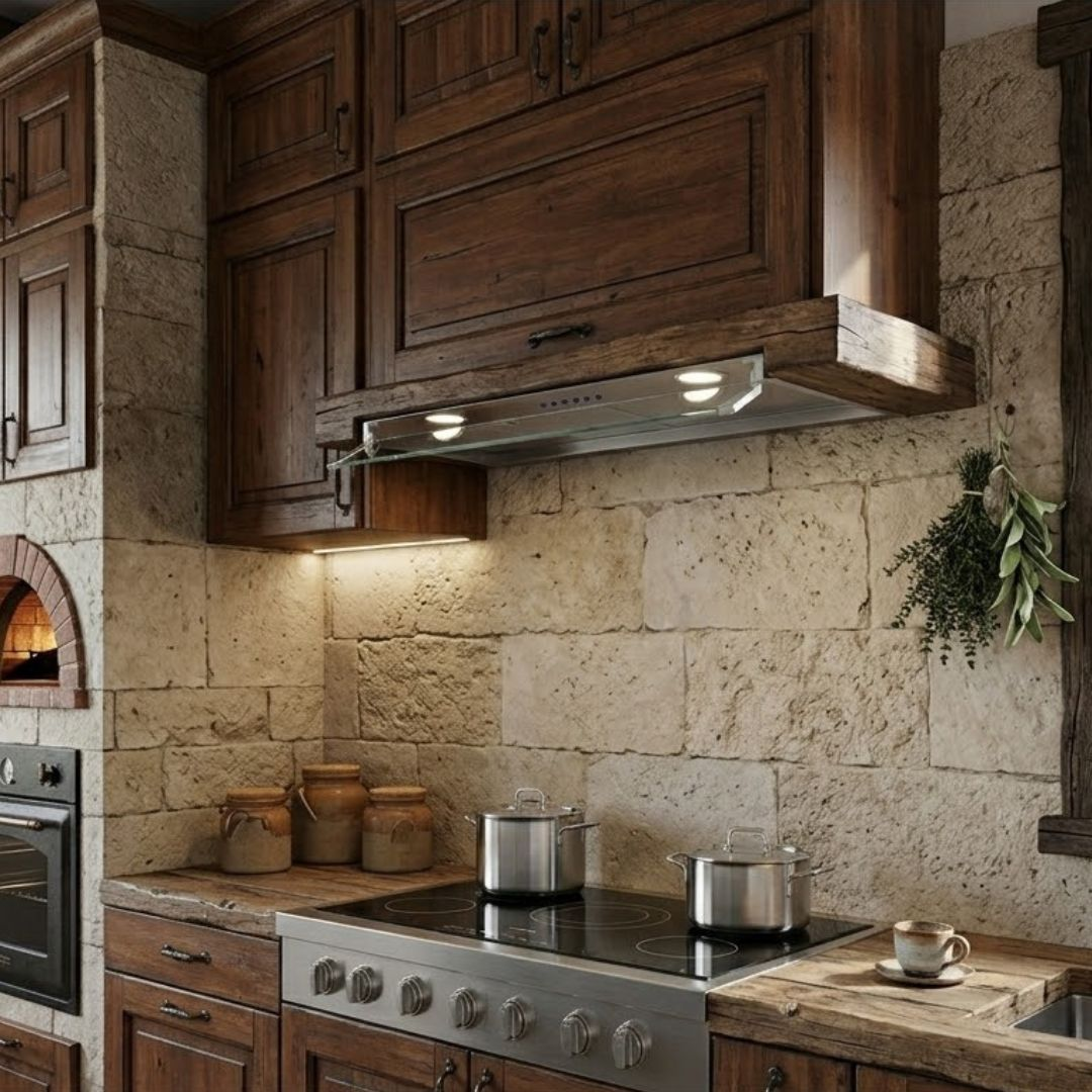 Cucina rustica con pareti in pietra, mobili in legno e fornelli.